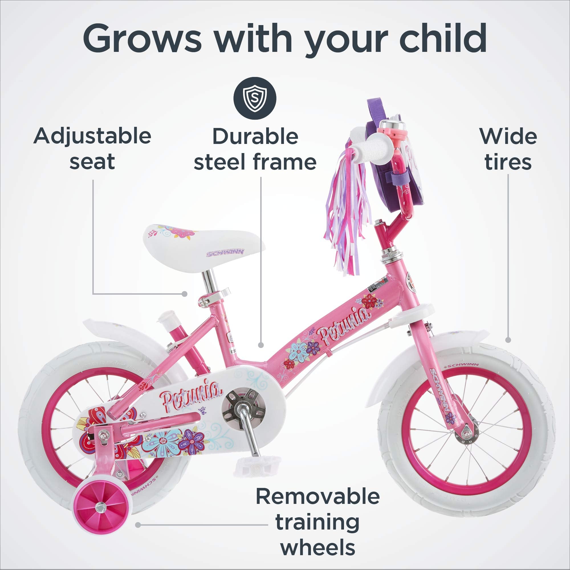 Schwinn Petunia and Grit Bike, Bike for Kids Ages 2-4, Steerable Beginner Bicycle with Training Wheels, Parent Push Handle, Rear Coaster Brake, Adjustable Seat