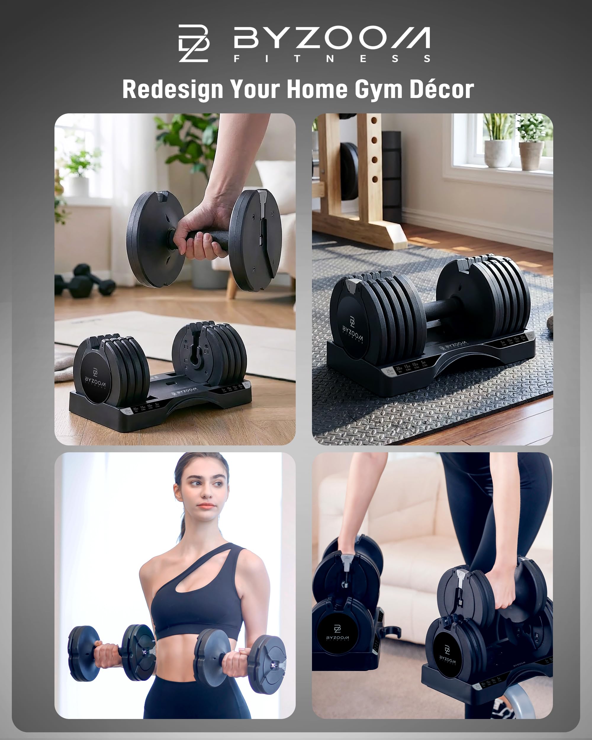 BYZOOM FITNESS Pure Series Adjustable Dumbbell - 12.5/25/27.5/50/55/75lb - ONE UNIT OR PAIR(check QTY before purchase) - 5-in-1/ 10-in-1 / 15-in-1 / 21-in-1 Flexible Hand Weights for Home Apartment Garage Gym, Strength Training & Fitness Workouts, White O