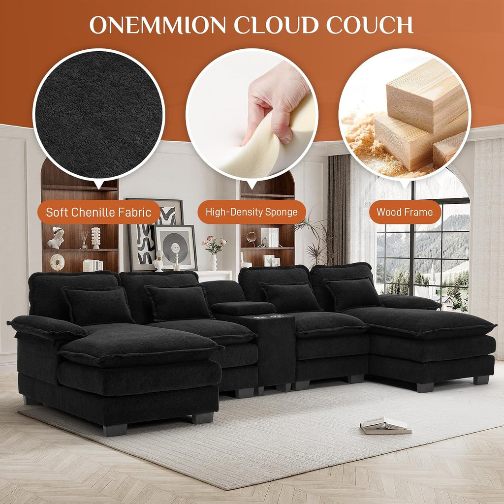 U Shaped Cloud Couch Sectional Sofa, 124" Comfy Fluffy Chenille Cloud Black Sectional Couches for Living Room with Double Chaise Lounge, Modern Modular Sofa with Central Console & USB Port
