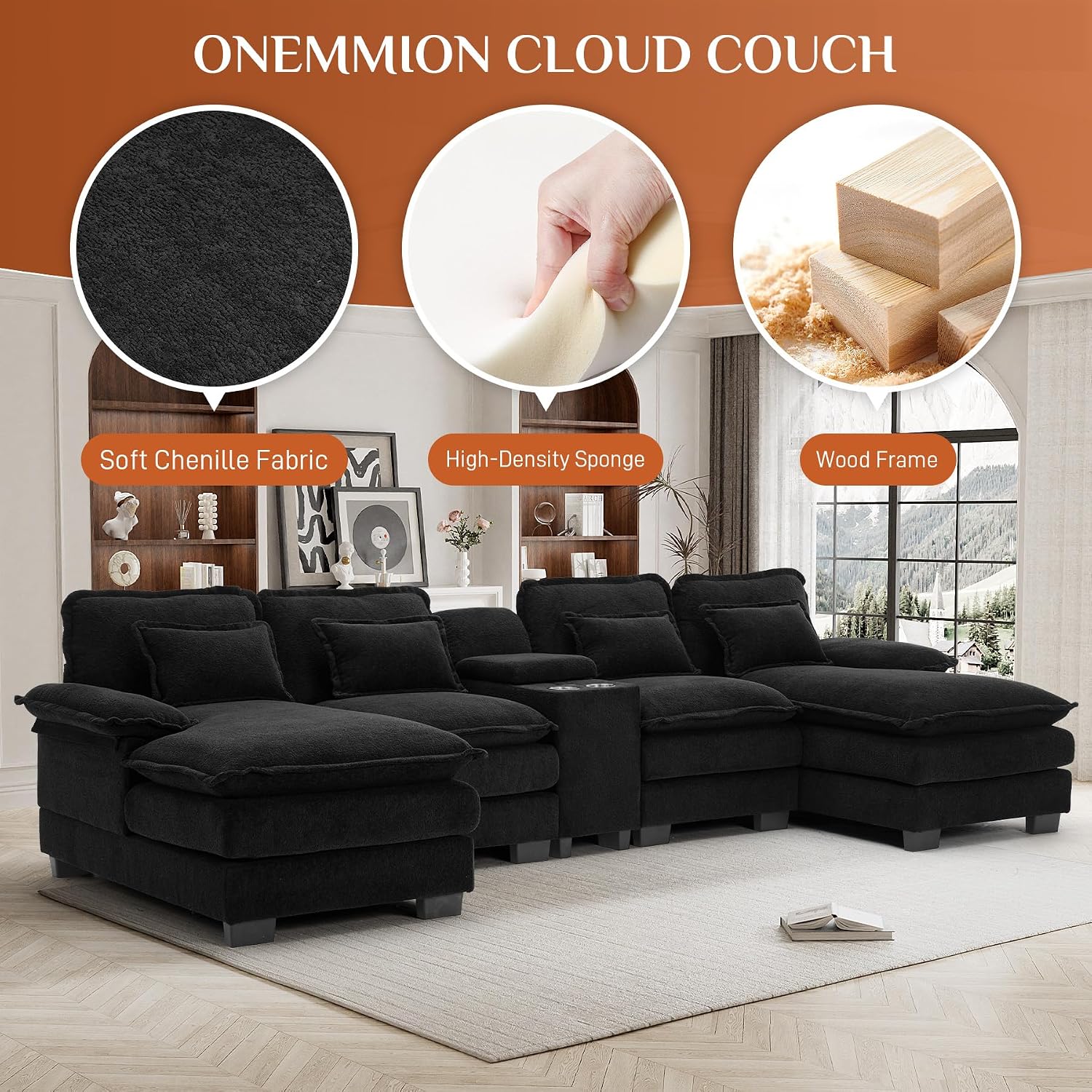 U Shaped Cloud Couch Sectional Sofa, 124" Comfy Fluffy Chenille Cloud Black Sectional Couches for Living Room with Double Chaise Lounge, Modern Modular Sofa with Central Console & USB Port