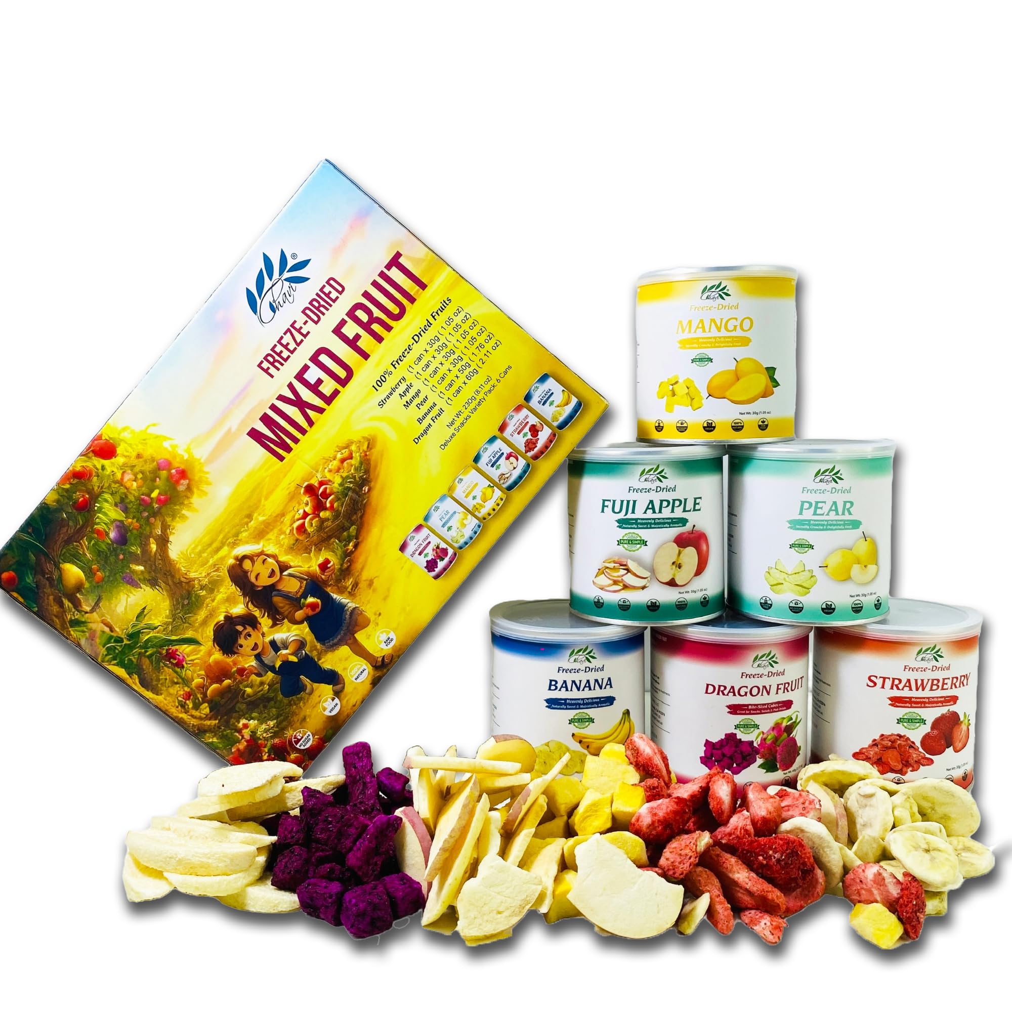 CHAVI Freeze Dried Fruits - Mixed | 6 in 1 | No Added Sugars or Preservatives - Non-GMO, Vegan, Gluten-Free | Gift Box | 230 g | 8.1 oz | 6 Cans