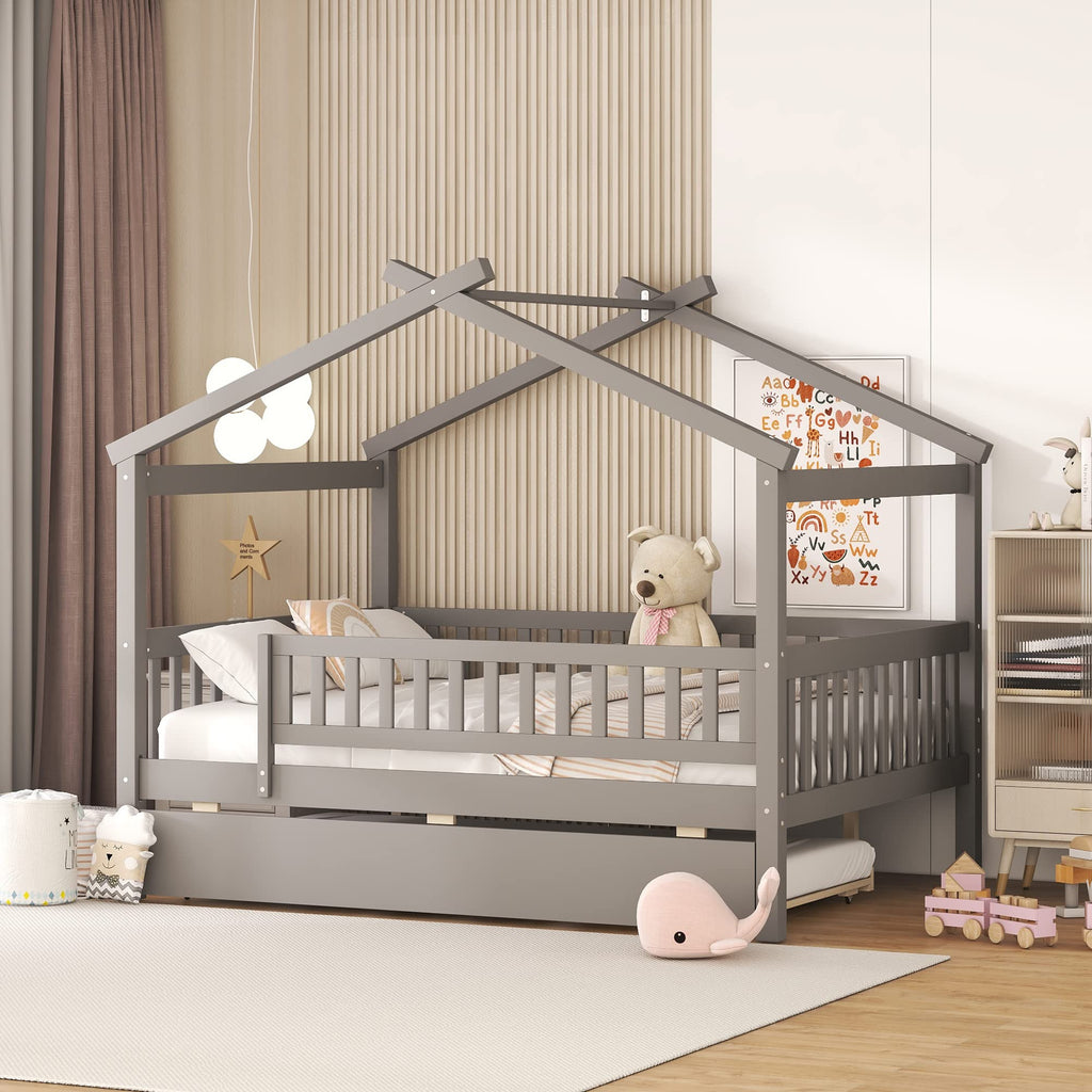 Merax Twin Size Wooden House Bed with Two Drawers, Wood Bed Frame with Roof for Kids, Teens, Boys or Girls, Grey