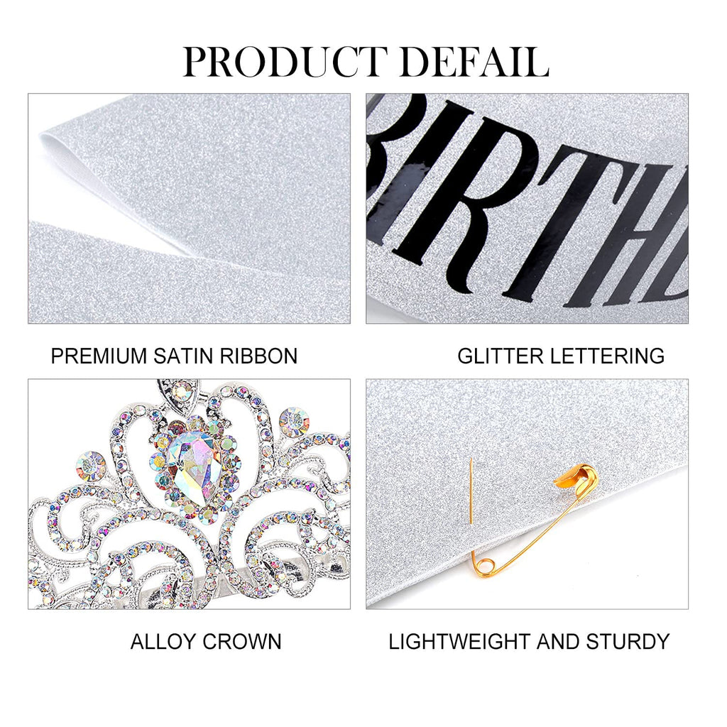 COCIDE Birthday Silver Tiara and Crowns Kit - Silver Tiara, Crown, Sash, Rhinestone Headband, Glitter Sash for Women & Girls Birthday Party Decorations