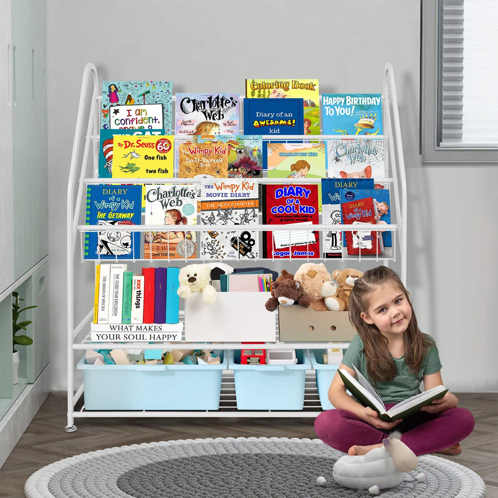 aboxoo Metal Kids Bookshelf Black Large Freestanding for Children Room 32 in Toy Organizer Large Stable Bookcase Bookstore Library Book Unit Storage Kids Bed Living Room