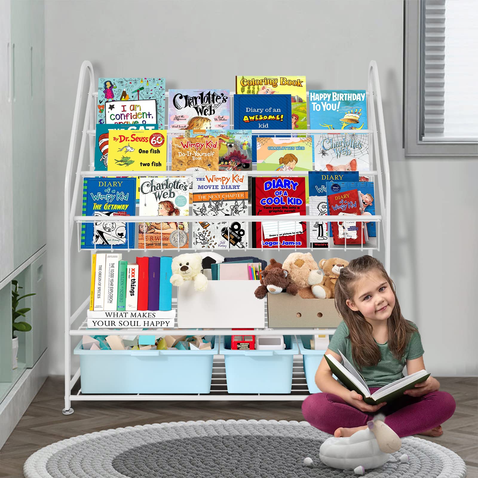 aboxoo Metal Kids Bookshelf Black Large Freestanding for Children Room 32 in Toy Organizer Large Stable Bookcase Bookstore Library Book Unit Storage Kids Bed Living Room