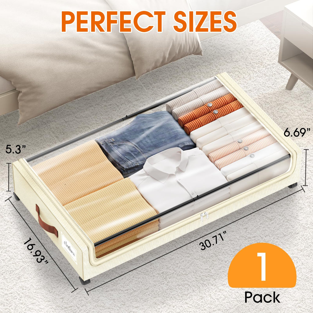 SpaceHacks Under Bed Storage with Wheels 1Pack Underbed Storage with Clear Window&Label Under Bed Drawers Large Capacity Rolling Under Bed Storage for Clothes,Shoes, Blankets (Beige)