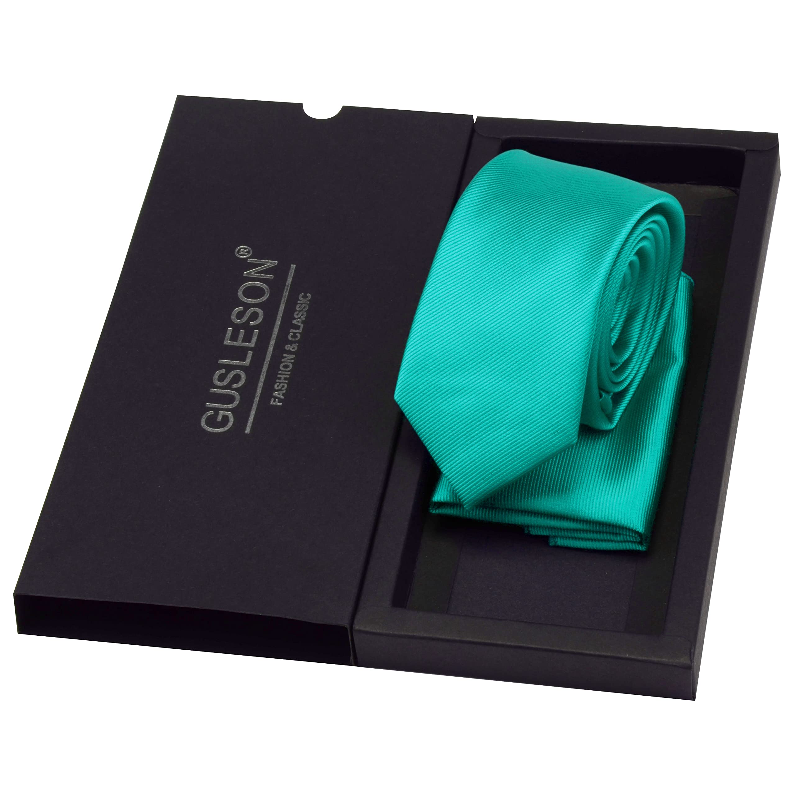GUSLESON 2.4" Slim Necktie and Handkerchief Set For Men Solid Skinny Tie Set