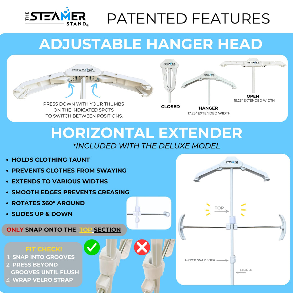 Deluxe | Adjustable Standing Garment Steaming Rack with Hanger | Fast, Foldable, Portable Clothes Steam Ironing Solution for Travel & Home