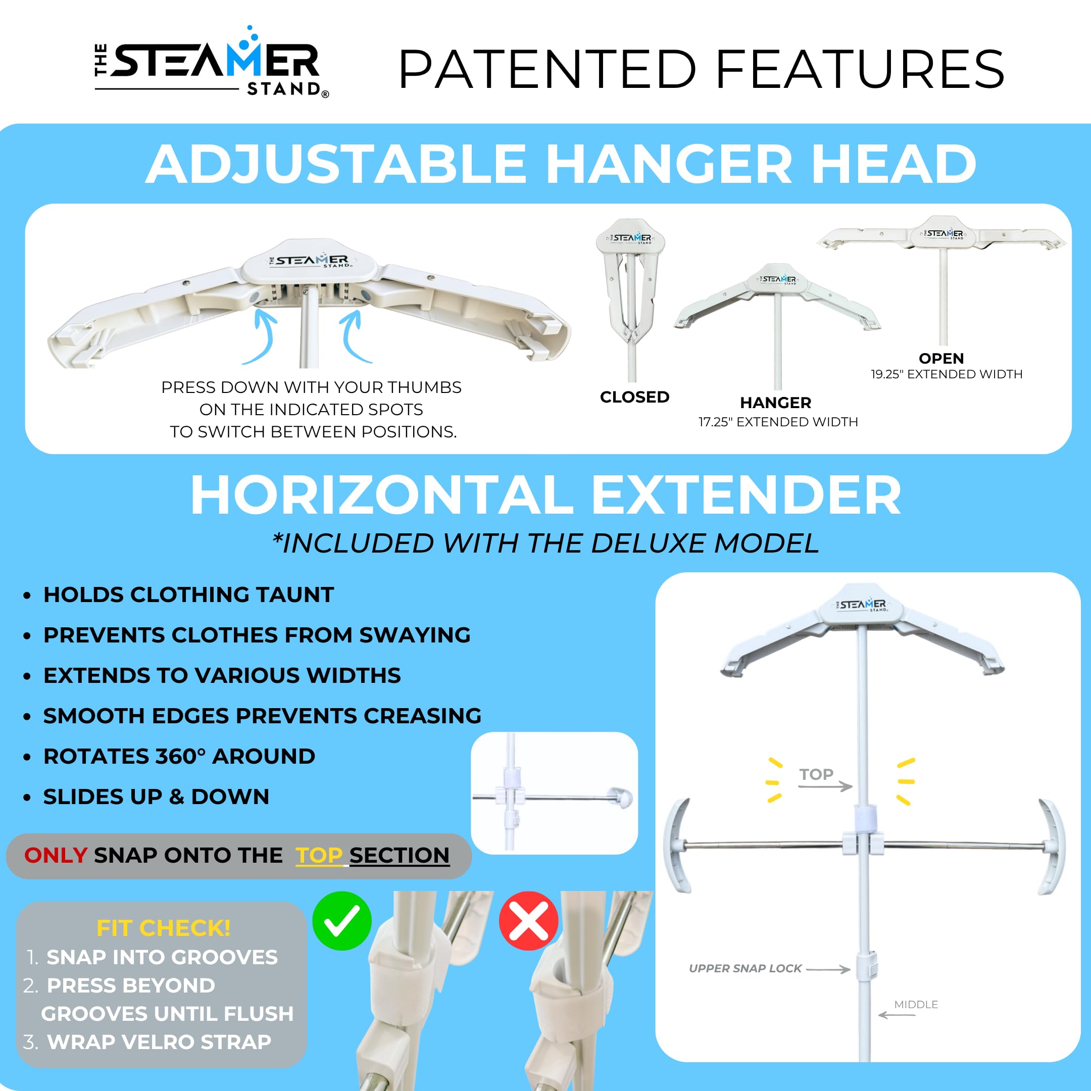 Deluxe | Adjustable Standing Garment Steaming Rack with Hanger | Fast, Foldable, Portable Clothes Steam Ironing Solution for Travel & Home