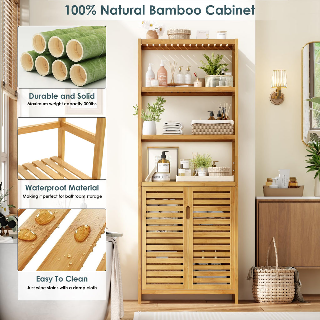 HIFIT Tall Bathroom Storage Cabinet, 66" Bamboo Narrow Bathroom Floor Cabinet with 2 Door & 4-Tier Open Shelves, Corner Tall Cabinets Freestanding Organizer Unit for Bath, Living Room, Entryway,Nature