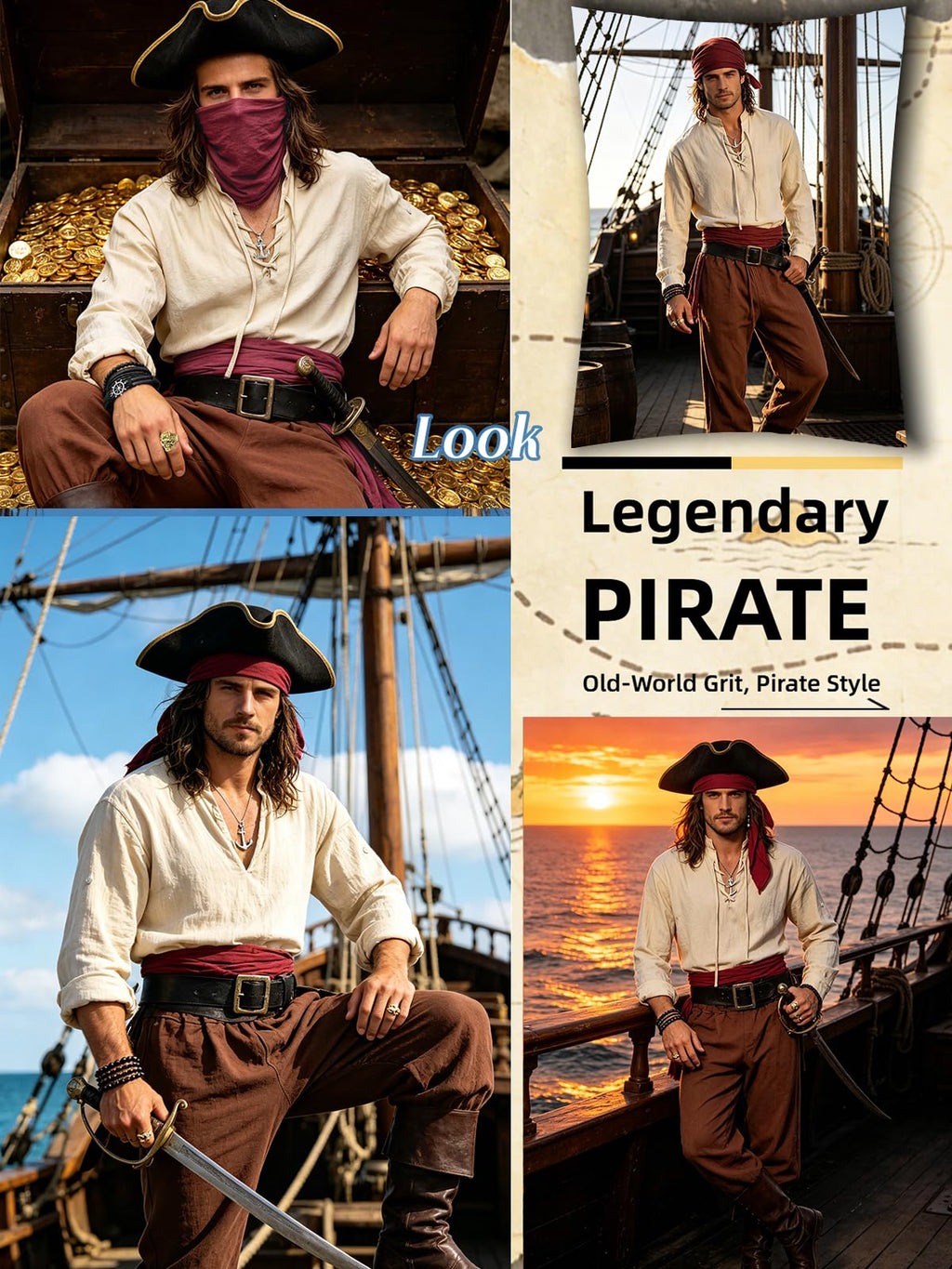 Verceco Mens Pirate Costume Outfit Renaissance Costume Men Medieval Outfit With Pirate Pants Shirts Sash Accessories (Black, Medium)