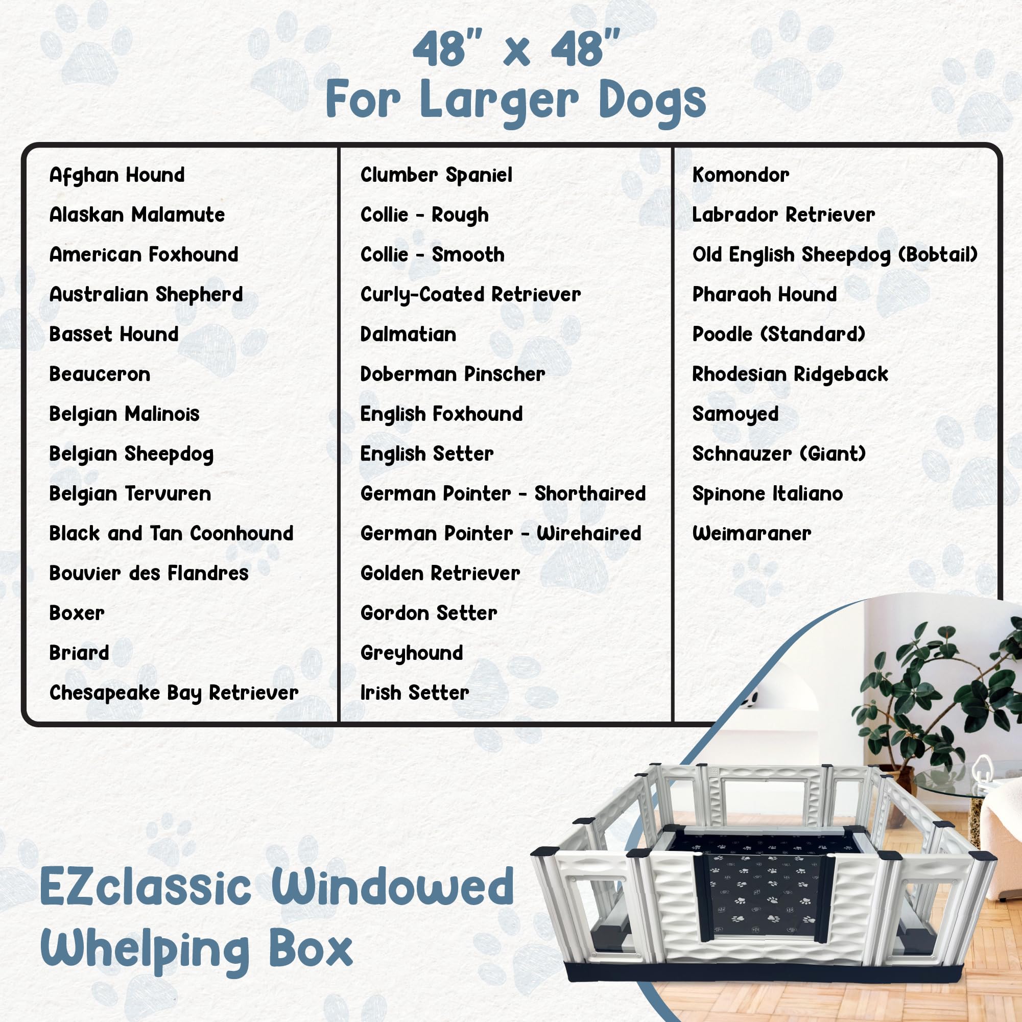 EZwhelp EZclassic Windowed 48"x48"x18" Whelping Box with Rails and Windowed Walls, Padded Dog Whelping Box, Black Pad