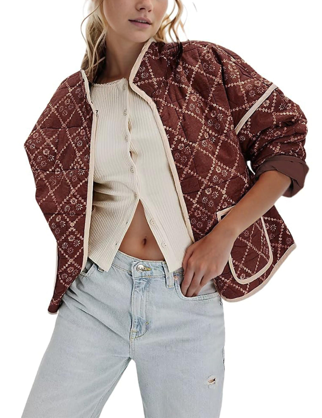 Omoone Women's Cropped Quilted Jacket Floral Printed LightWeight Padded Puffer Cardigan Coat Outwear