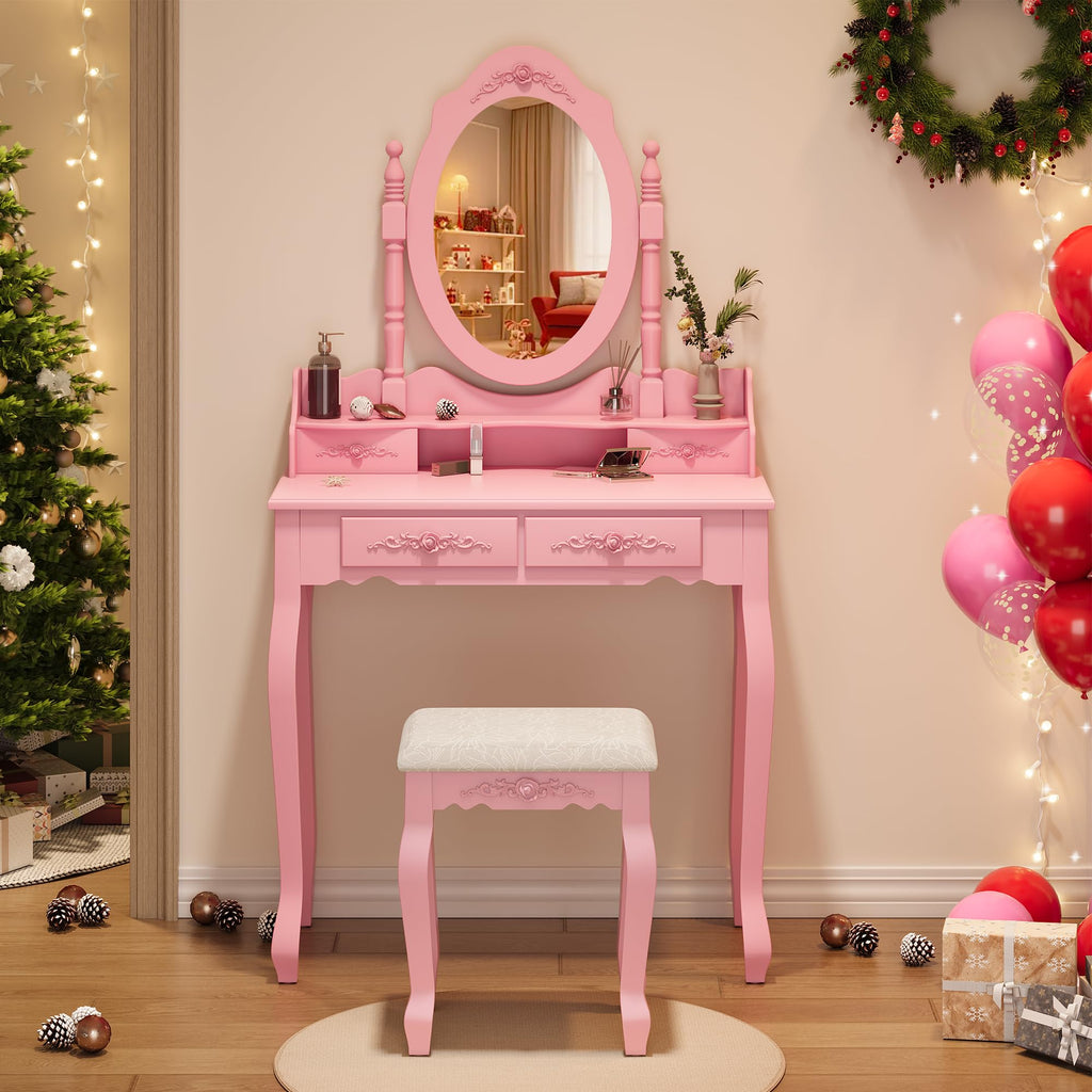 Alohappy Vanity Desk Set with Mirror & Stool for Girls, Makeup Vanity Table and Cushioned Stool Set with 4 Drawers, Wood Dressing Table for Bedroom (Pink)