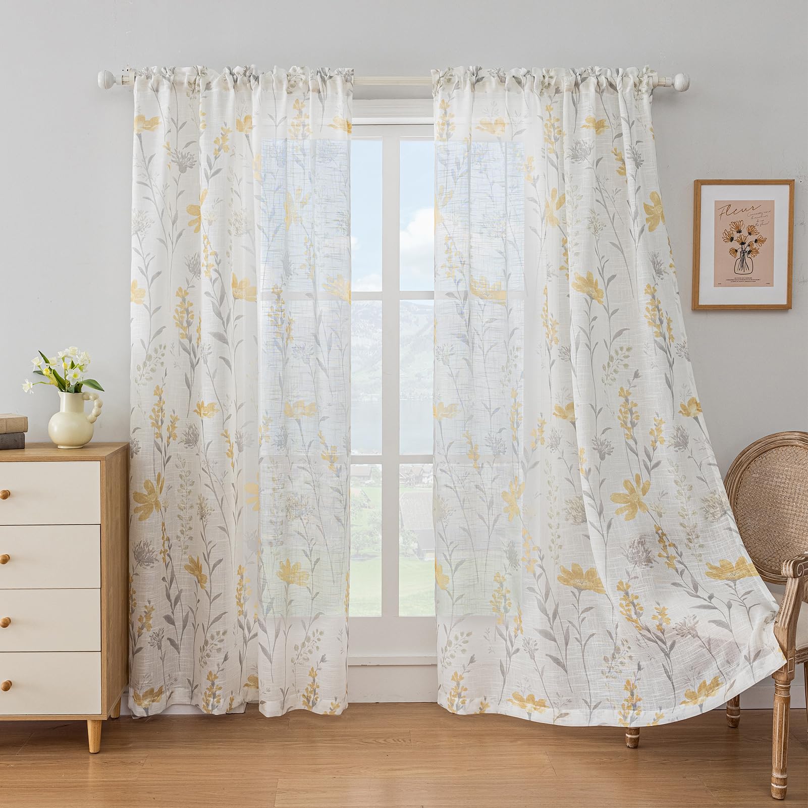 SUOUO Blue Leaf Semi Sheer White Curtains for Bedroom Dining Living Room Linen Textured 84 inches Long Rod Pocket Boho Window Drapes 2 Panels