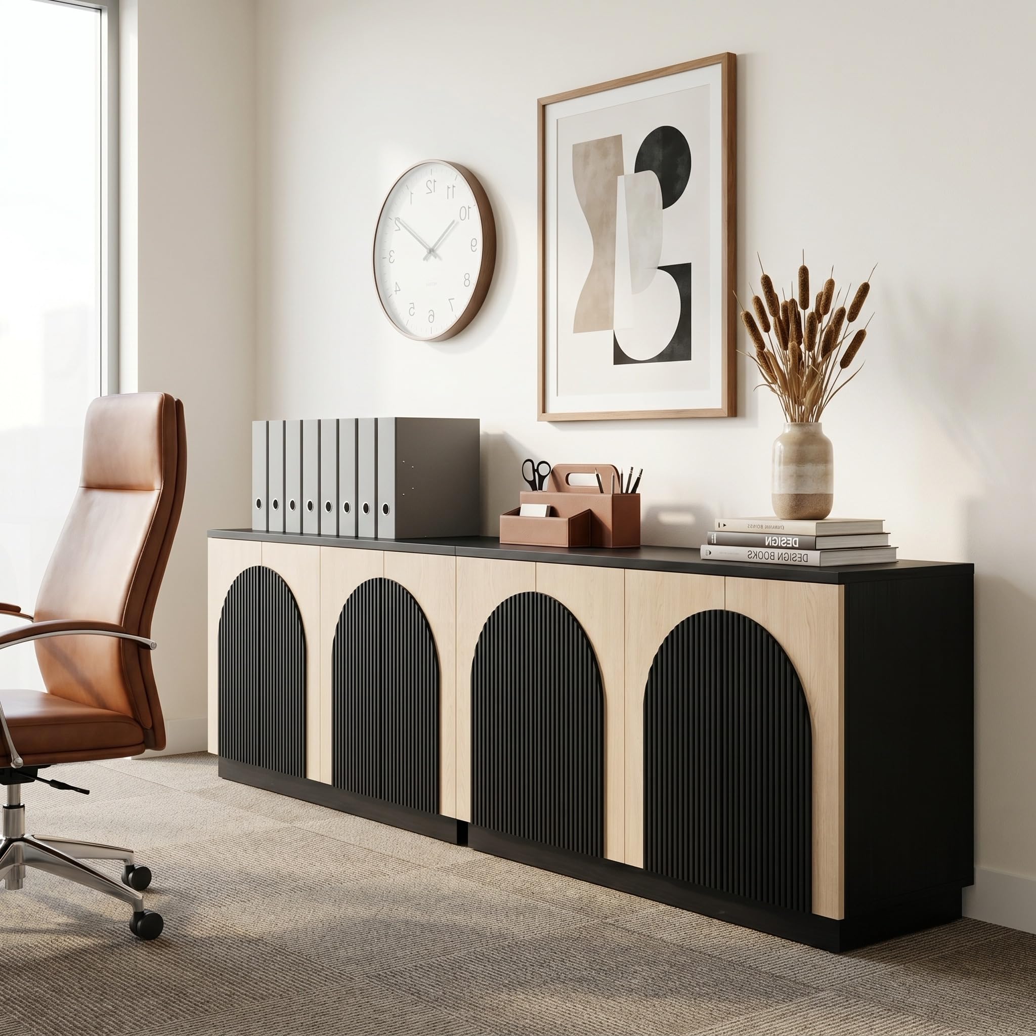 Yechen 55" Fluted Sideboard Buffet Cabinet with Storage, Wood Mid Century Modern Credenza Cabinet w/Arched Reeded Doors & Adjustable Shelves for Kitchen, Living Room, Entryway