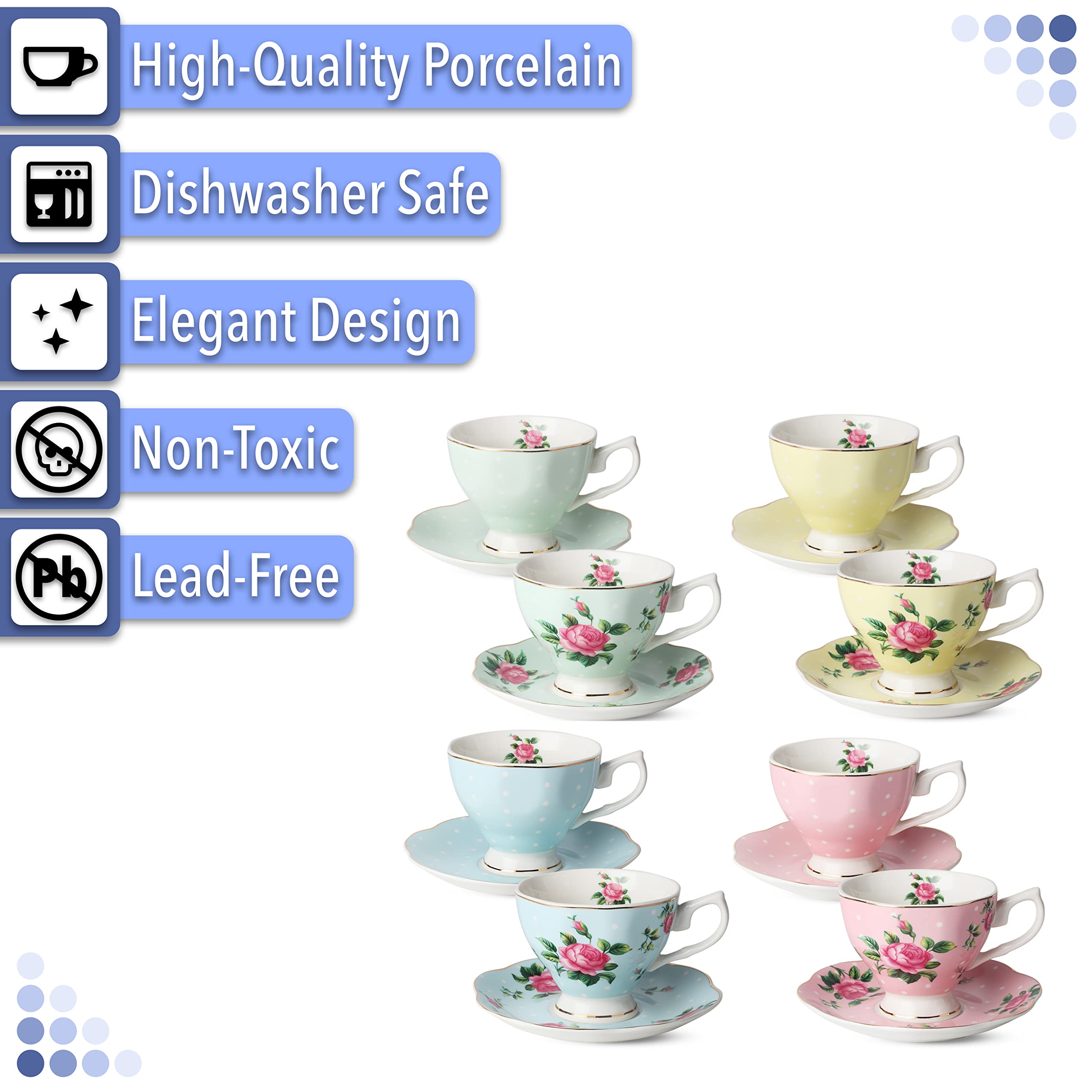 BTaT- Tea Cups and Saucers, Set of 6 with Spoon, 8 oz, Fine Porcelain Teacup Set with Gold Trim for Afternoon Tea, Weddings, Parties & Gifting, Dishwasher Safe, Lightweight, Non-Toxic