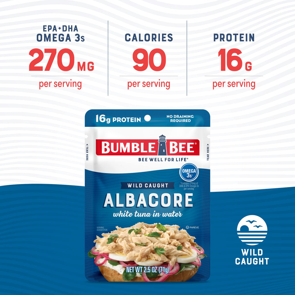 Bumble Bee Lemon & Garlic Seasoned White Albacore Tuna in Water, 2.5 oz Pouch - Wild Caught Tuna - 15g Protein per Serving, High in Omega-3s - Non-GMO, Gluten Free - No Draining Required