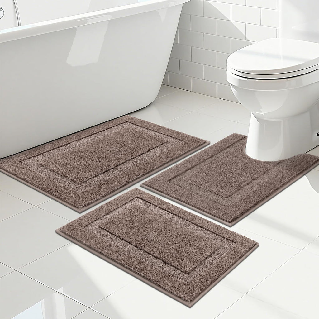 SHACOS Black Bathroom Rugs Sets 3 Piece, 16"x24" + 20"x32" Non Slip Bath Mat and 20"x24" Toilet Rugs U Shaped Washable, Soft Fluffy Water Absorbent Bath Rugs for Bathroom
