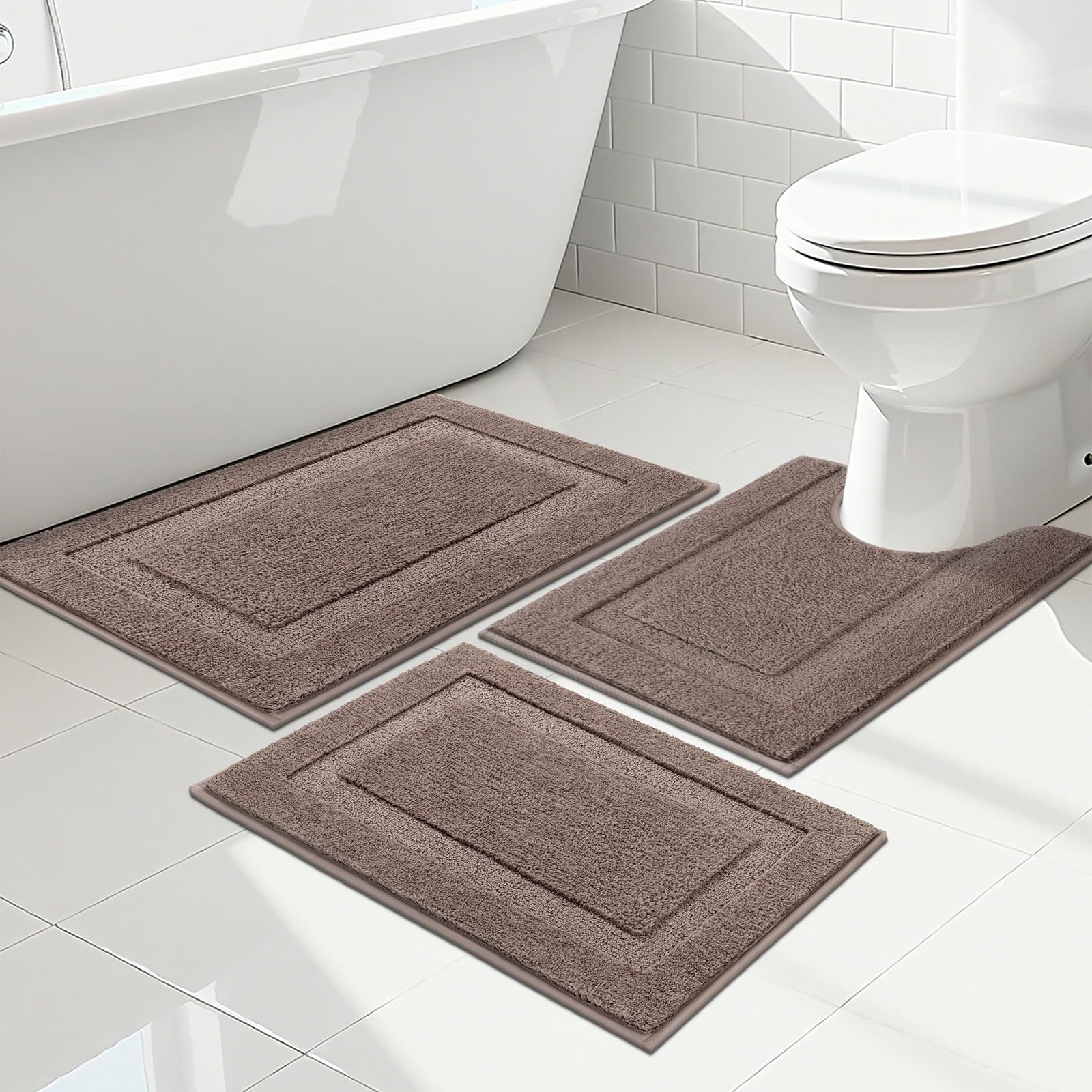 SHACOS Black Bathroom Rugs Sets 3 Piece, 16"x24" + 20"x32" Non Slip Bath Mat and 20"x24" Toilet Rugs U Shaped Washable, Soft Fluffy Water Absorbent Bath Rugs for Bathroom