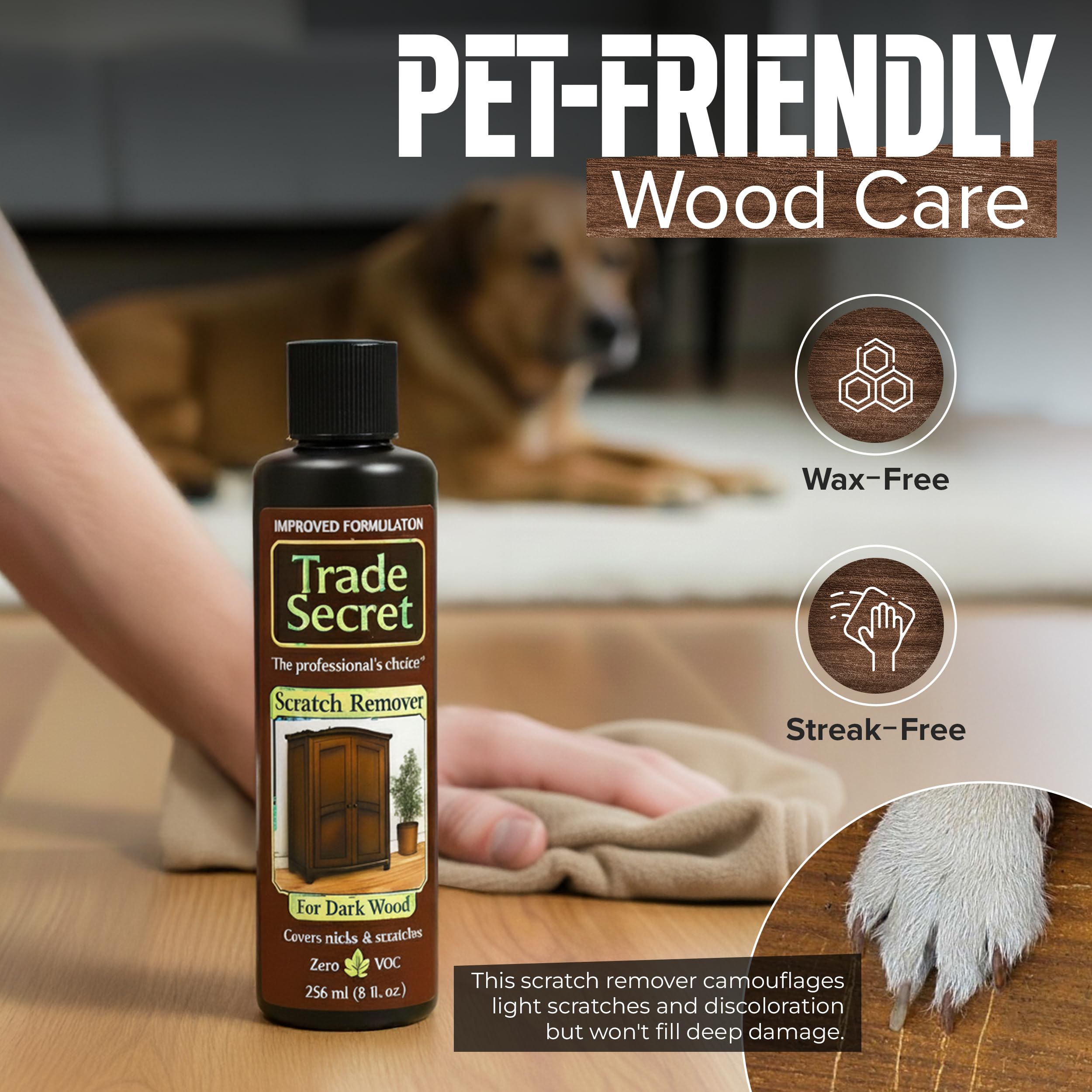 Trade Secret Scratch Concealer for Dark Wood Furniture & Floors – Dark Brown Shade Stain Covers Nicks, Scuffs, Dog & Cat Scratches, Minor Defects – Real Wood Only