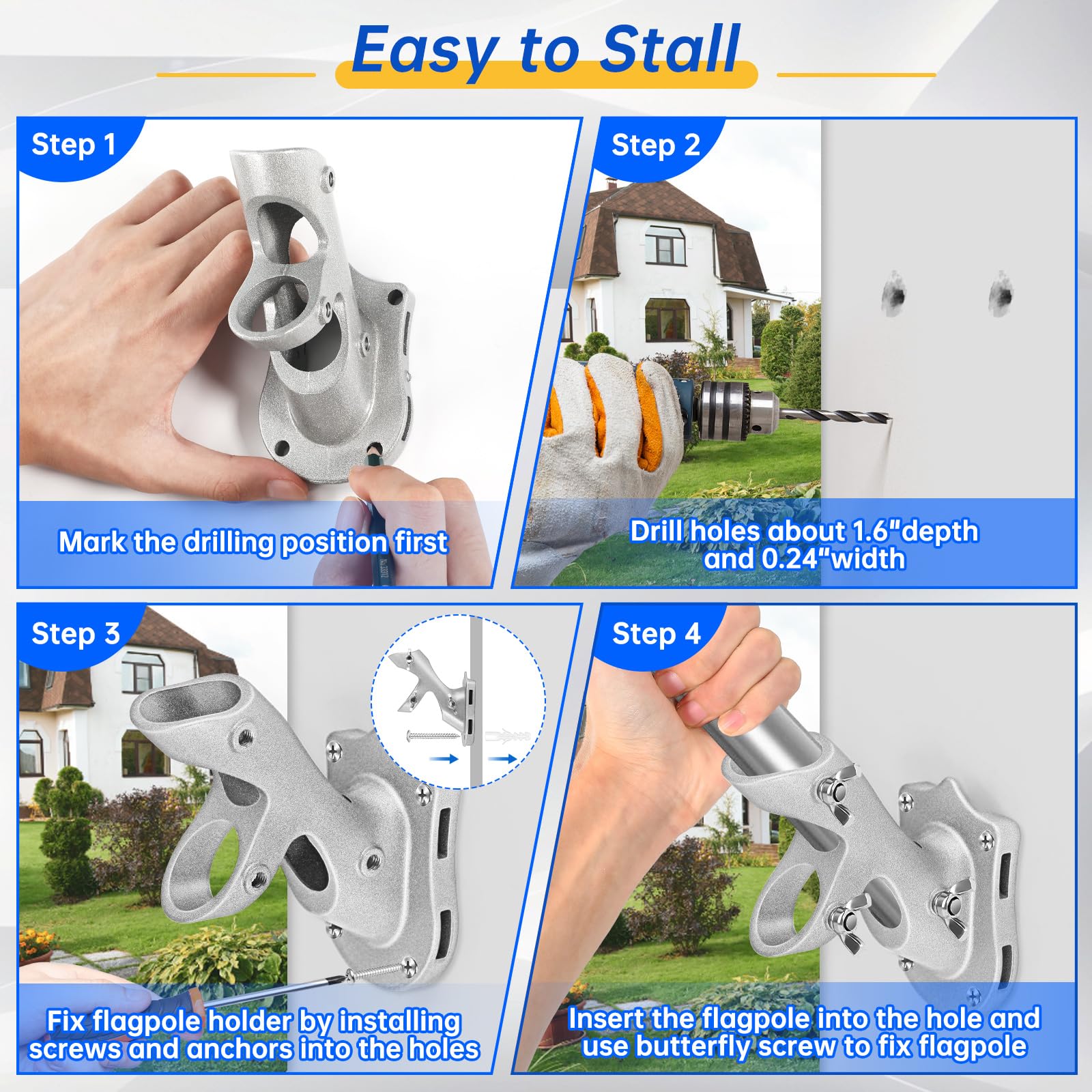 Flag Pole Holder, Anovo Flag Pole Brackets Mount Outside House Heavy-Duty Aluminum Metal Rust Proof Bracket 1" Inner Diameter 2 Positions with Hardwares for Outdoor Wall Mounting Porch(Black-1 Pack)