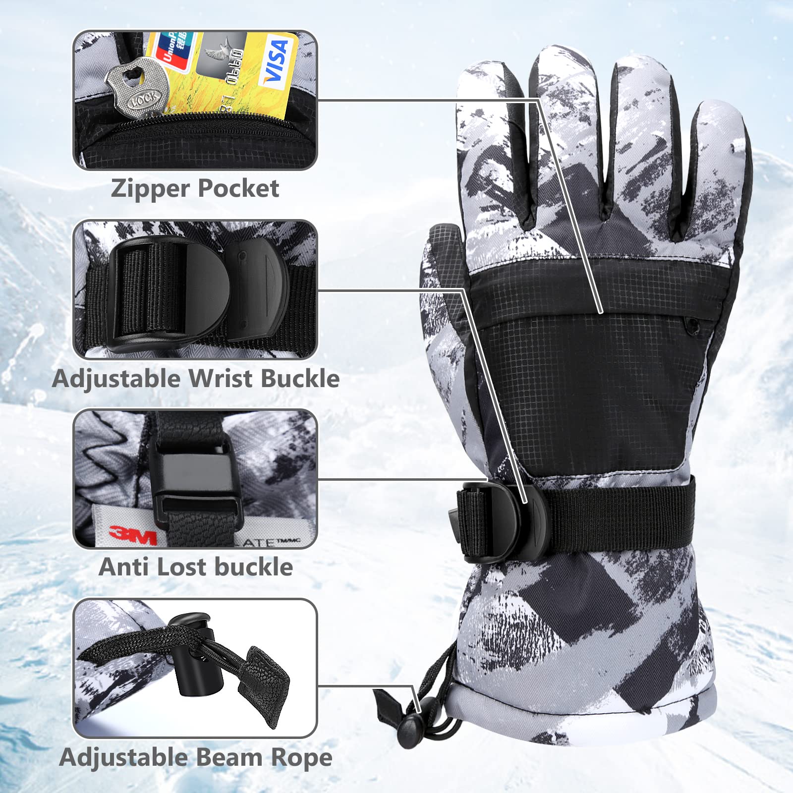 Ski Gloves,Snow Gloves Waterproof Winter Warm Cold Weather Touchscreen Gloves for Parent& Child Kids Skiing,Snowboarding