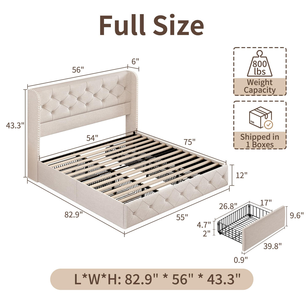 BRELTAM Full Size Bed Frame with Storage Drawers and Wingback Headboard Linen Upholstered Platform Bed Frame Tufted Beds with Heavy Duty Wood Slats, Noise Free, Easy Assembly, Beige