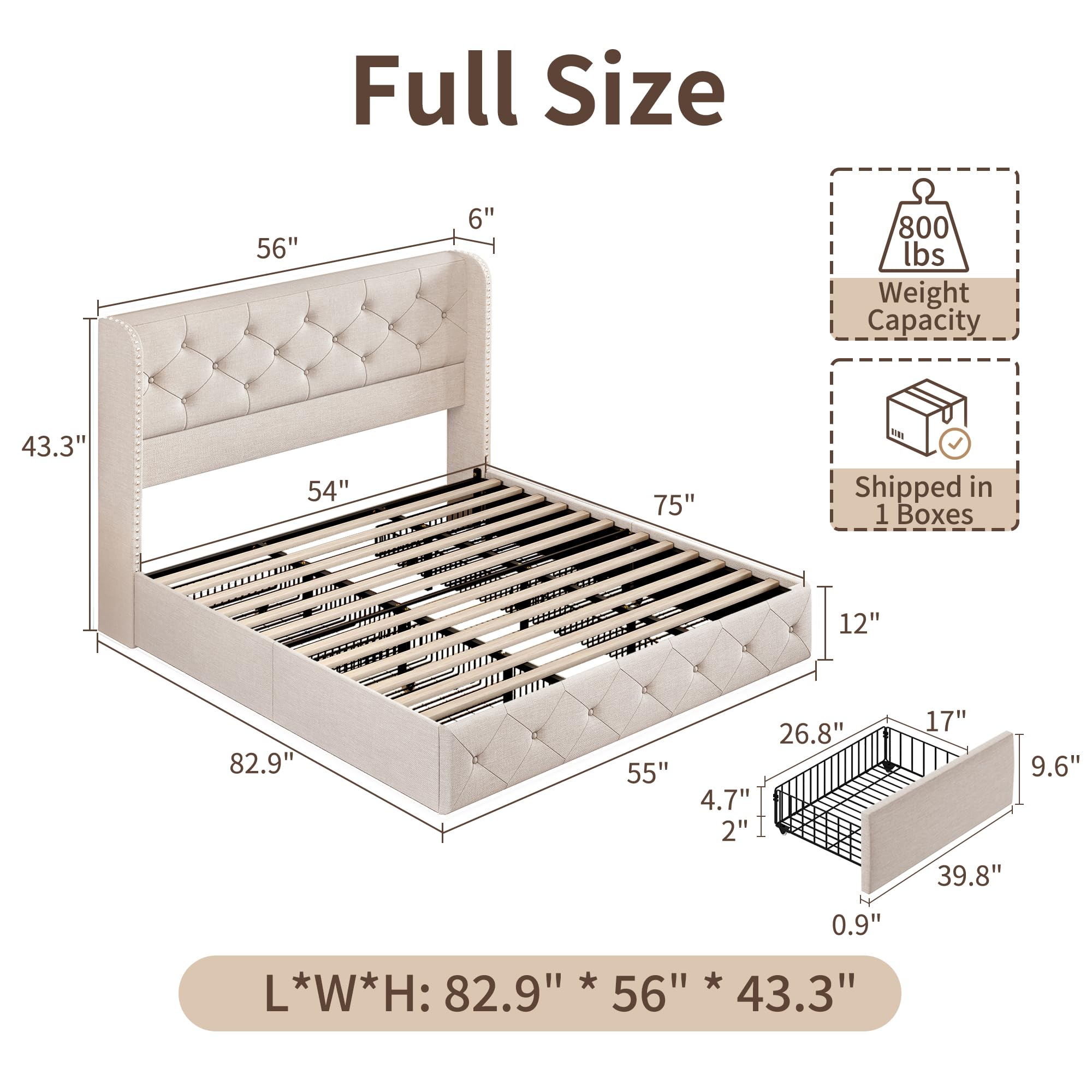 BRELTAM Full Size Bed Frame with Storage Drawers and Wingback Headboard Linen Upholstered Platform Bed Frame Tufted Beds with Heavy Duty Wood Slats, Noise Free, Easy Assembly, Beige
