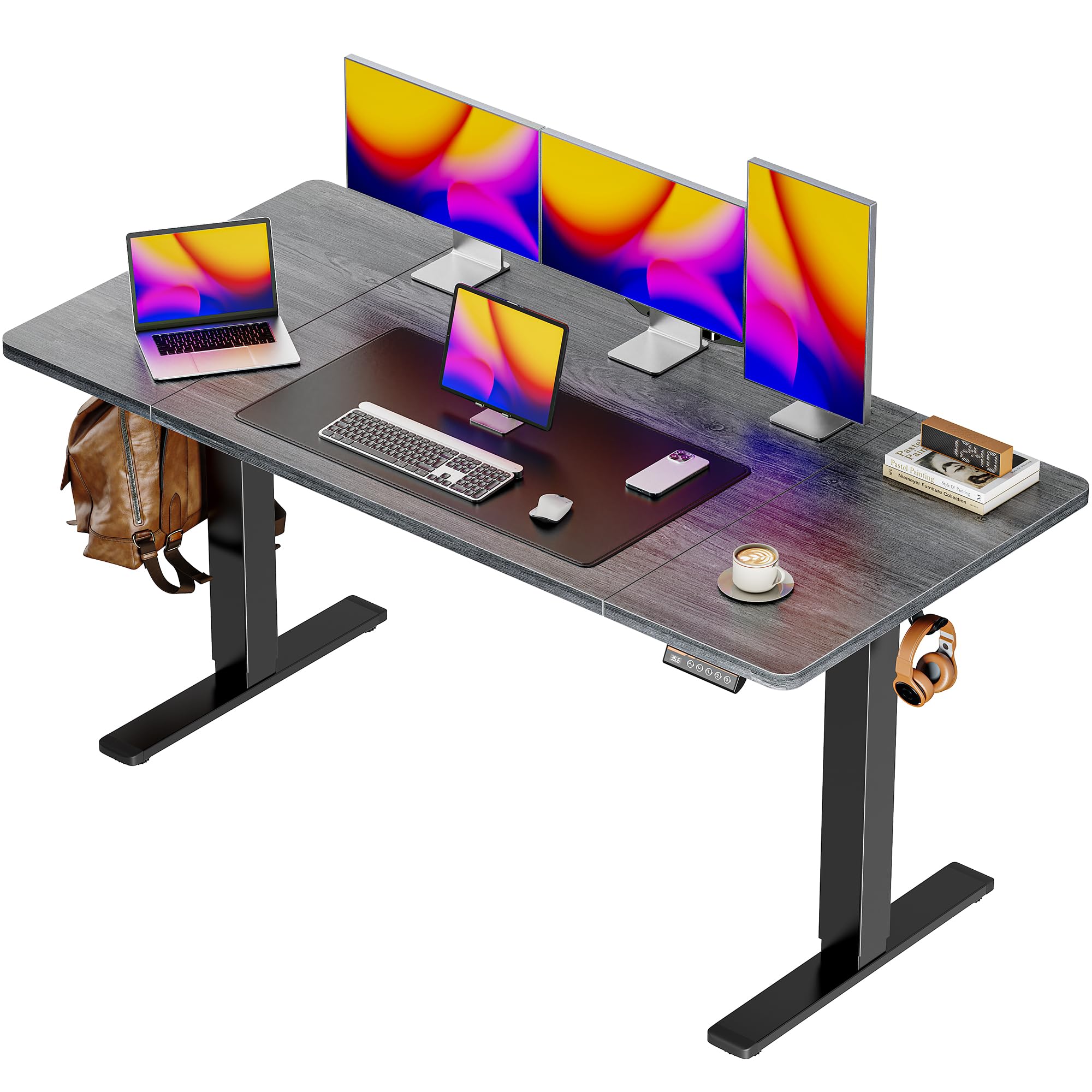 Huuger 48 x 28 Large Electric Standing Desk, Height Adjustable Desk, 27.6" Deep Desktop, Stand up Gaming, 2 Hooks, 3 Preset Heights, for Home Office, Black