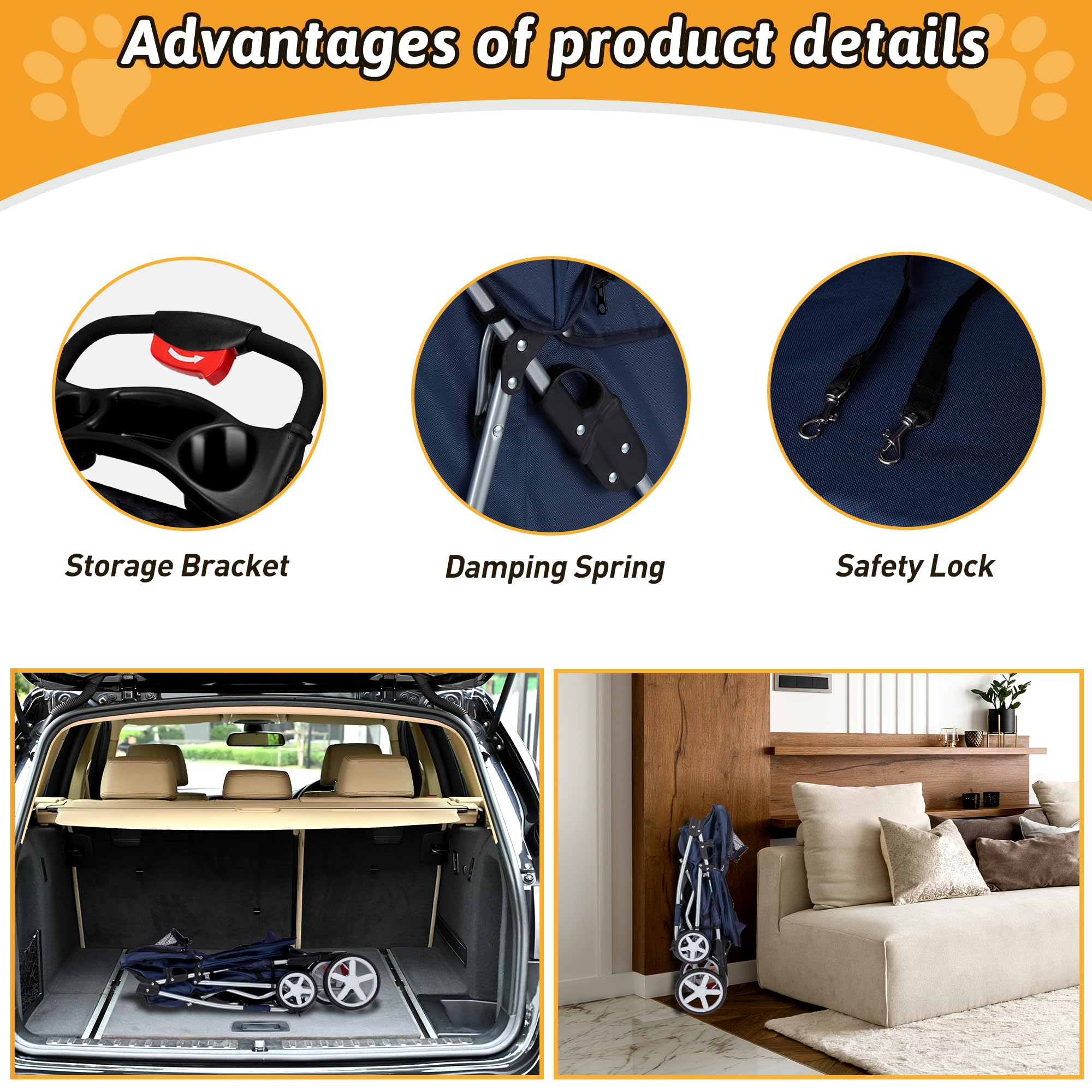 Pet Stroller, 4 Wheels Pet Strolling Cart for Medium/Small Dogs and Cats, Foldable Cat Jogger/Dog Stroller with Cup Holder, Storage Basket, Breathable Mesh, All-Season Pet Carrier, Black
