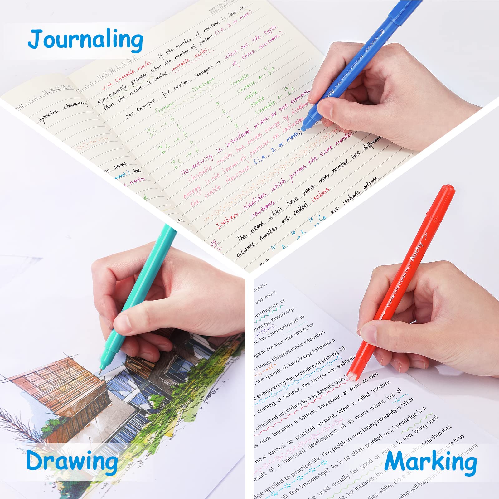 AECHY 12Pcs Dual Tip Markers Pens for Note Taking, Curve Highlighter with 10 Different Curv Shapes & 12 Colors Fine Lines, Colored Curve Pen for Students,Planners,Teachers, Scrapbook Supplies