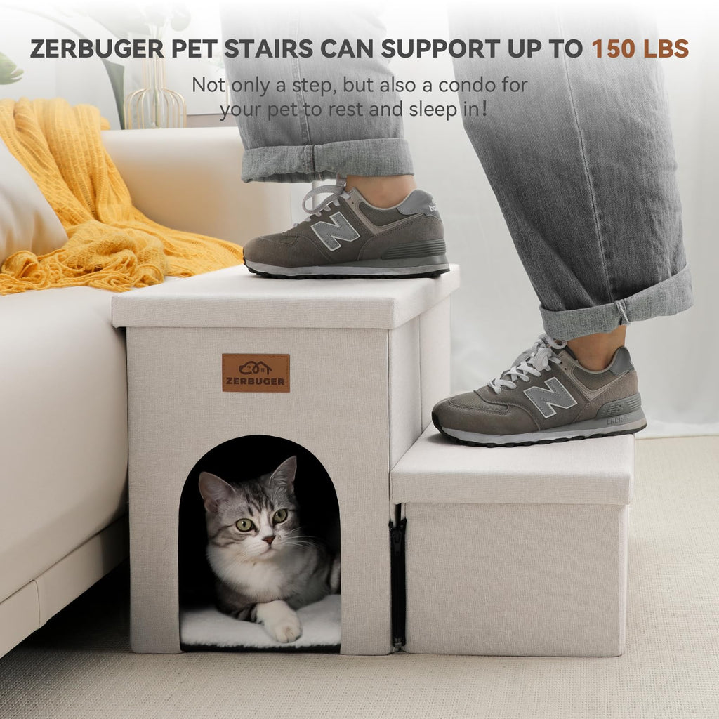 Zerbuger Dog Stairs with Condo 15" H, 2-Step Wider Dog Steps for Small/Medium/Large Old Dogs Cats, Folding Sturdy Storage Pet Stairs Climbing Bed Couch, Ramp for Car Hold Up to 150 lbs, Beige