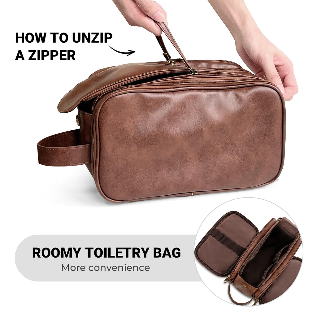 Elviros Travel Toiletry Bag for Men, Shaving Dopp Kit Water-resistant Bathroom Small Toiletries Organizer PU Leather Cosmetic Bags