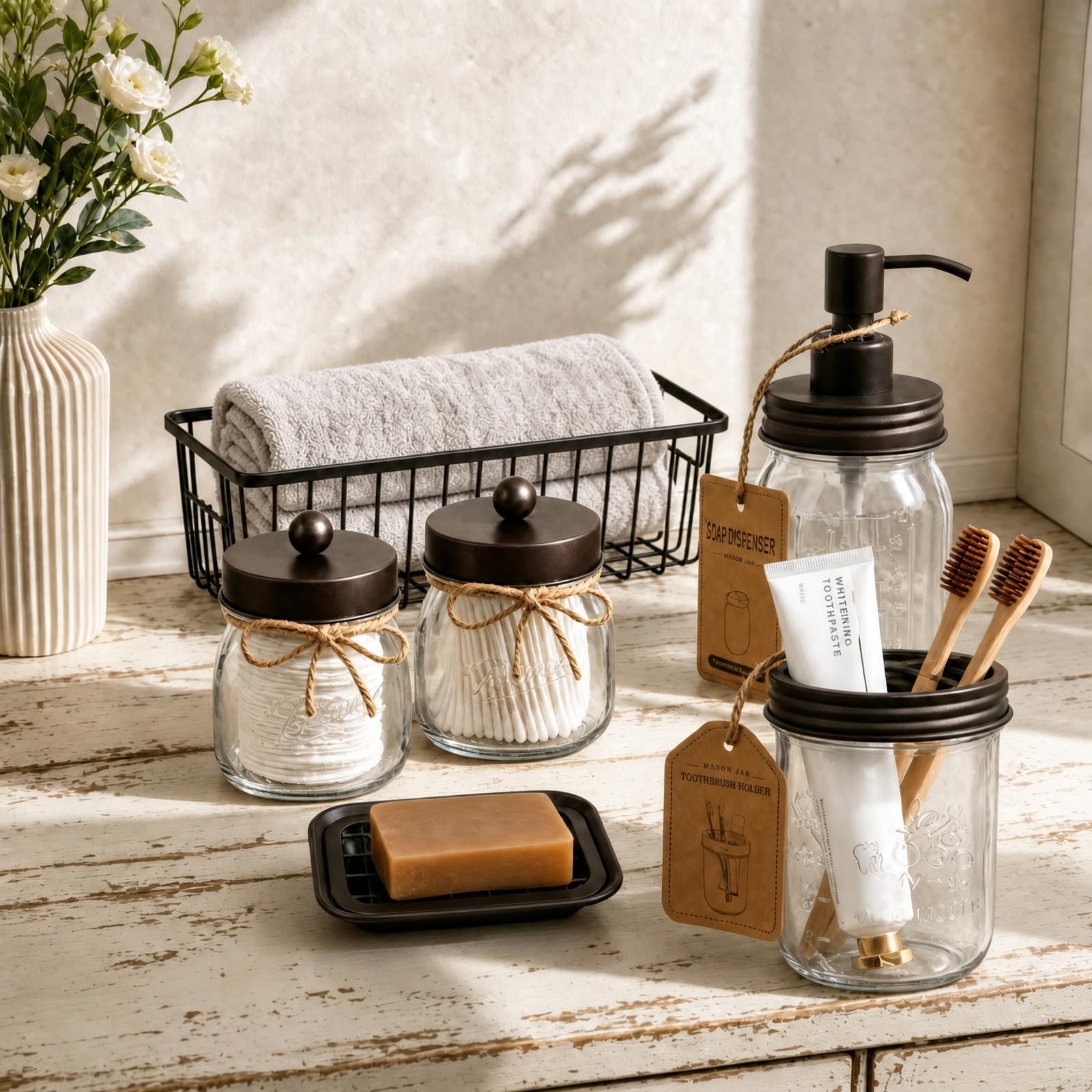 SheeChung 6Pcs Mason Jars Bathroom Accessories Set Complete - Toothbrush Holder, Lotion Soap Dispenser, 2 Mason Jars, Soap Dish, Toilet Paper Basket, Rustic Farmhouse Decor (Black, 6Pcs Bathroom Set)
