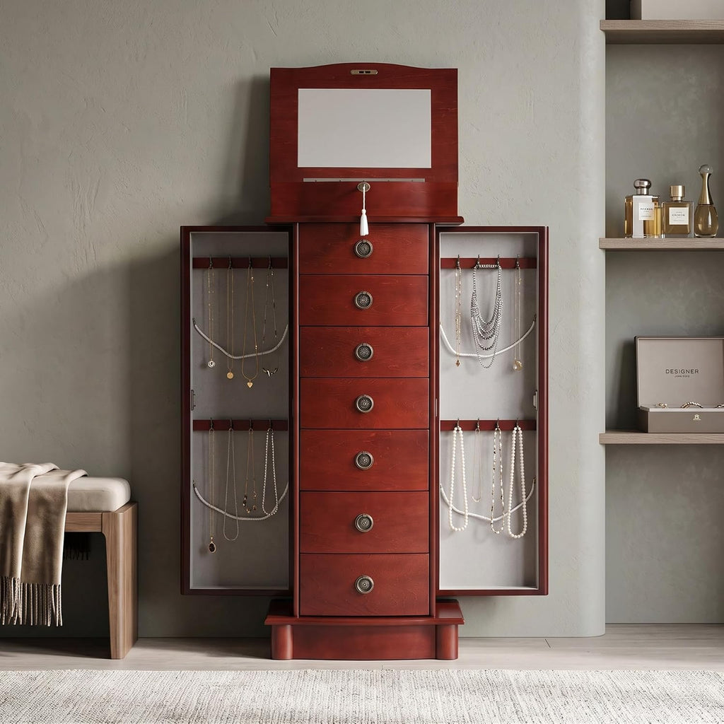 Hives and Honey Nora Jewelry Armoire Cabinet with Mirror – 7 Drawers, Locking Top, Necklace Hooks, Anti-Tarnish Felt – Traditional Standing Jewelry Organizer for Women, Cherry