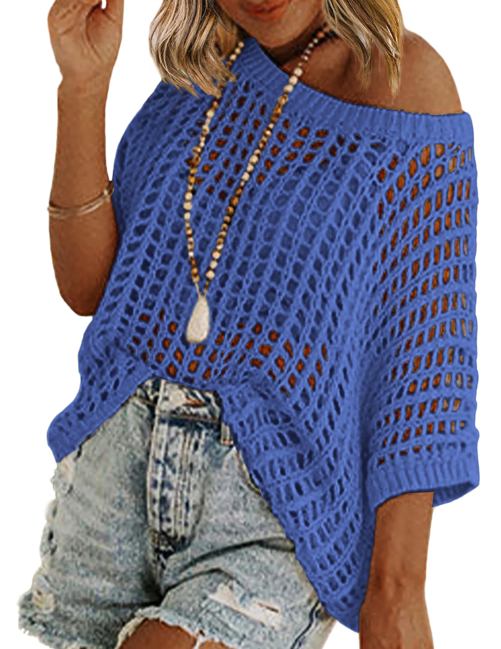 Zeagoo Short Sleeve Crochet Sweater Lightweight Summer Tops Loose Hollow Out Crewneck Pullover