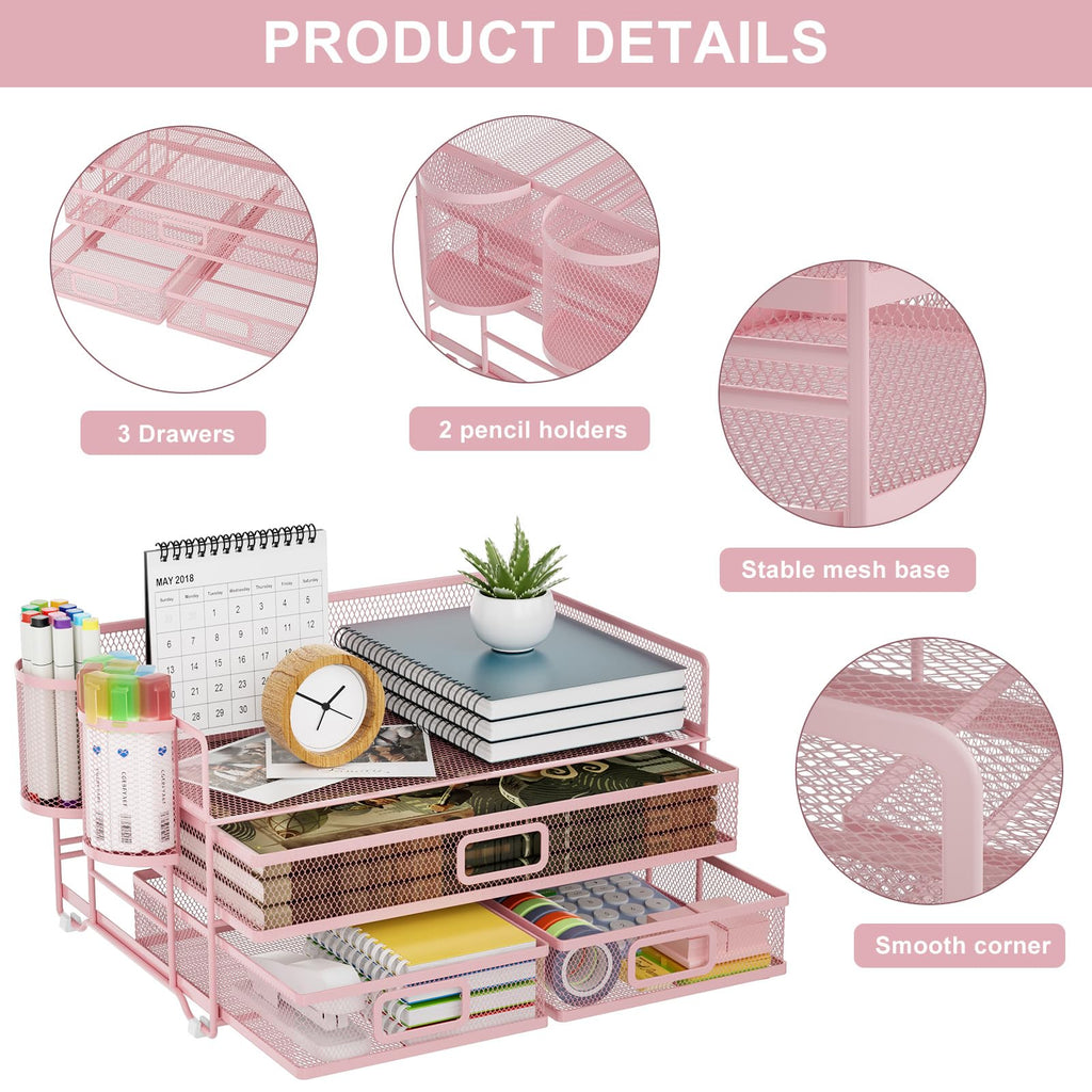 Marbrasse 3 Tier Mesh Desk Organizer with Drawer, Multi-Functional Desk Organizers and Accessories, Paper Letter Organizer with 2 Pen Holder for Home Office Supplies (Black)