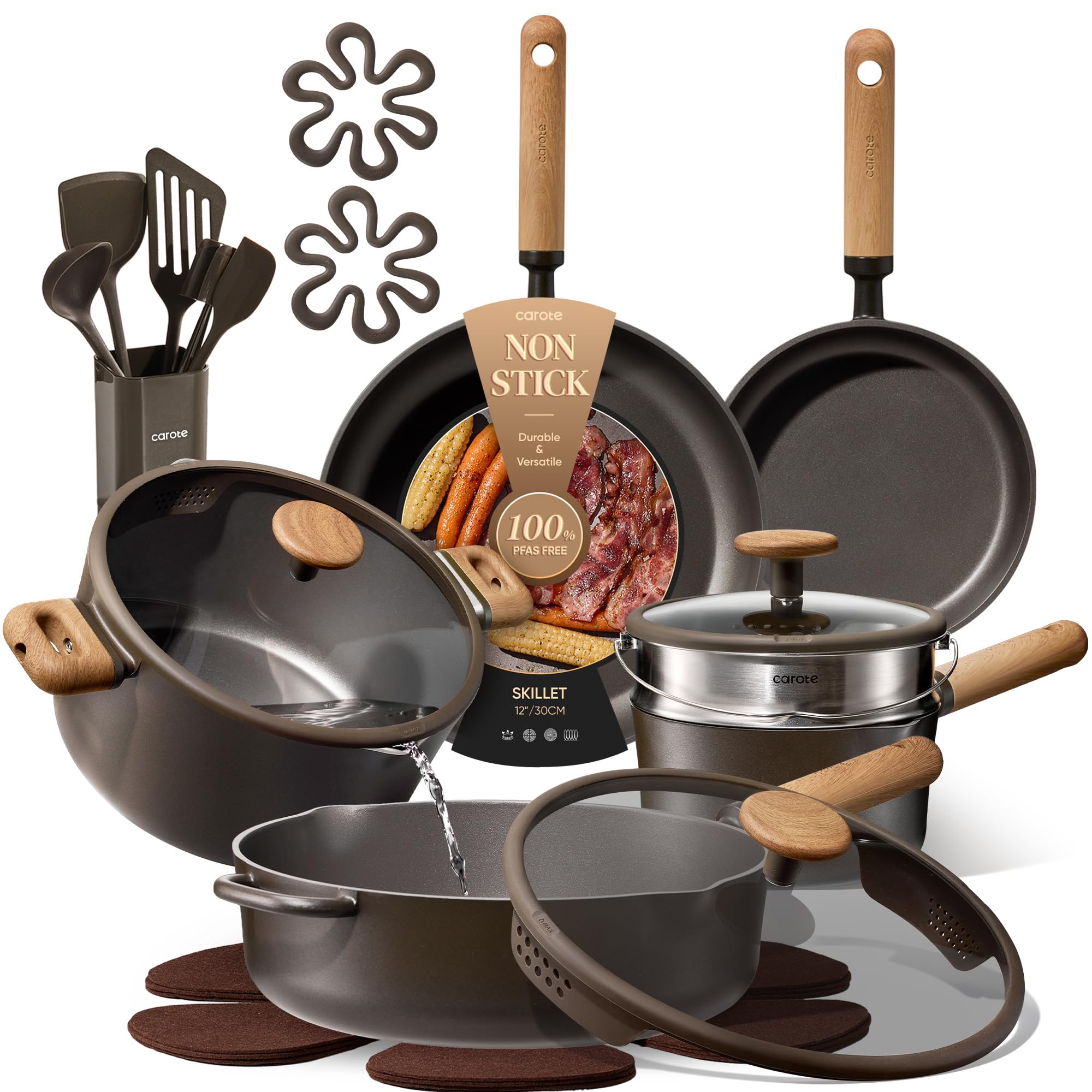CAROTE 14Pcs Pots and Pans Set Non Stick, Cookware Sets Induction Cookware Granite Cooking Set with Frying Pans, Saucepans, Saute Pan, Extra Large Casserole