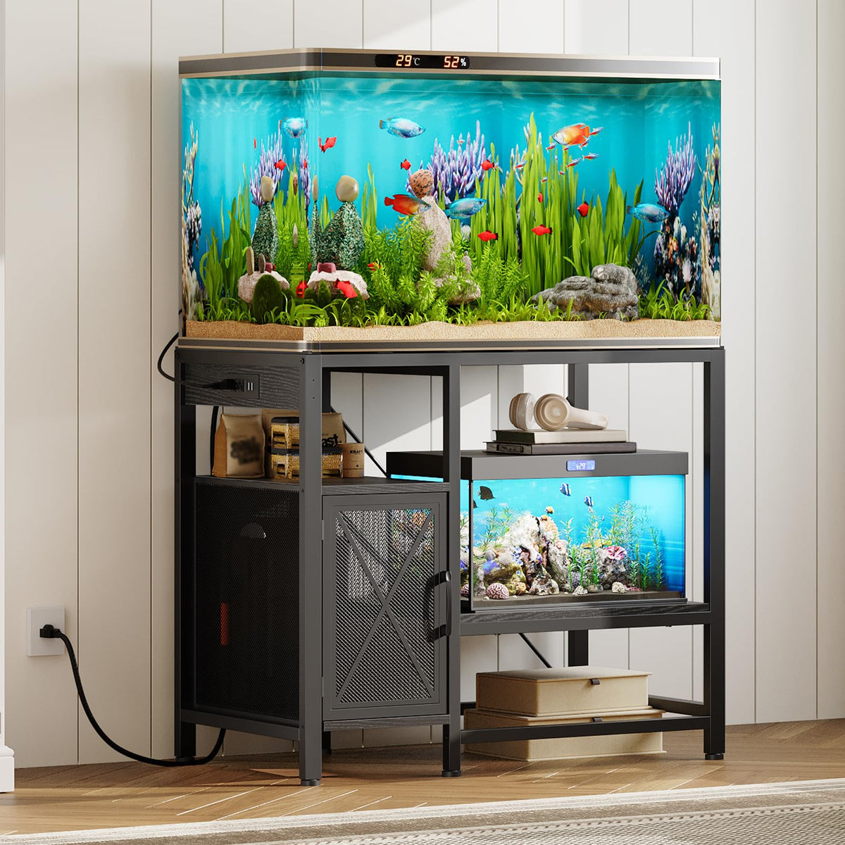 MAHANCRIS 20-37 Gallon Fish Tank Stand, Aquarium Stand with Power Outlet and Storage Cabinet, Heavy Duty Tank Stand Suitable for Turtle Tank, Reptile Terrarium, for Home Office, Black FTHB40E01