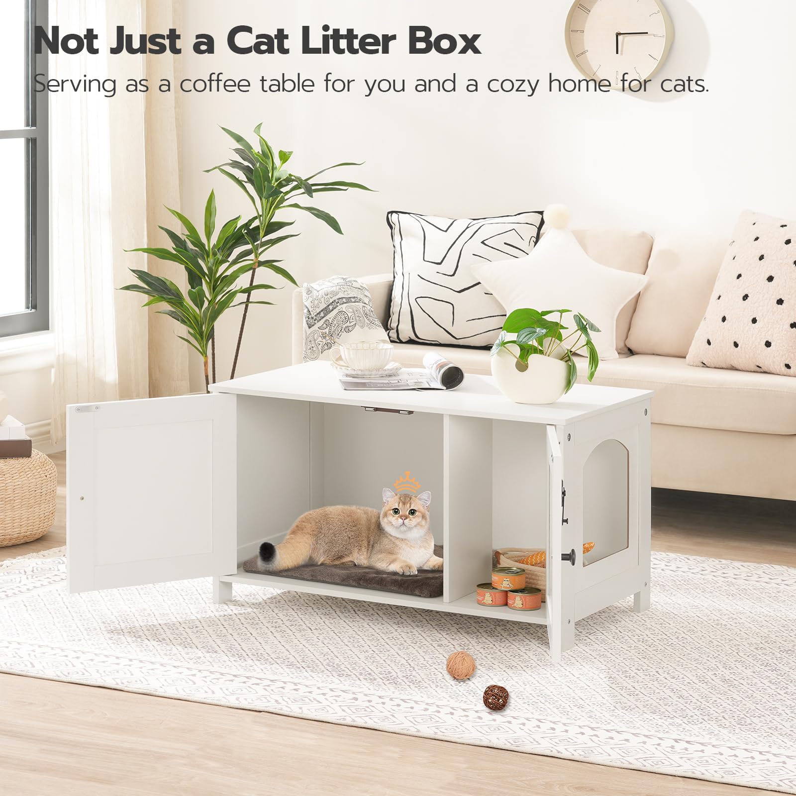 HOOBRO Litter Box Enclosure, Cat Litter Box Furniture with Removable Divider, Large Hidden Litter Box Furniture, Wooden Cat House, End Side Table, 31" L x 17.5" W x 19.7" H, Greige BG03MW01G2