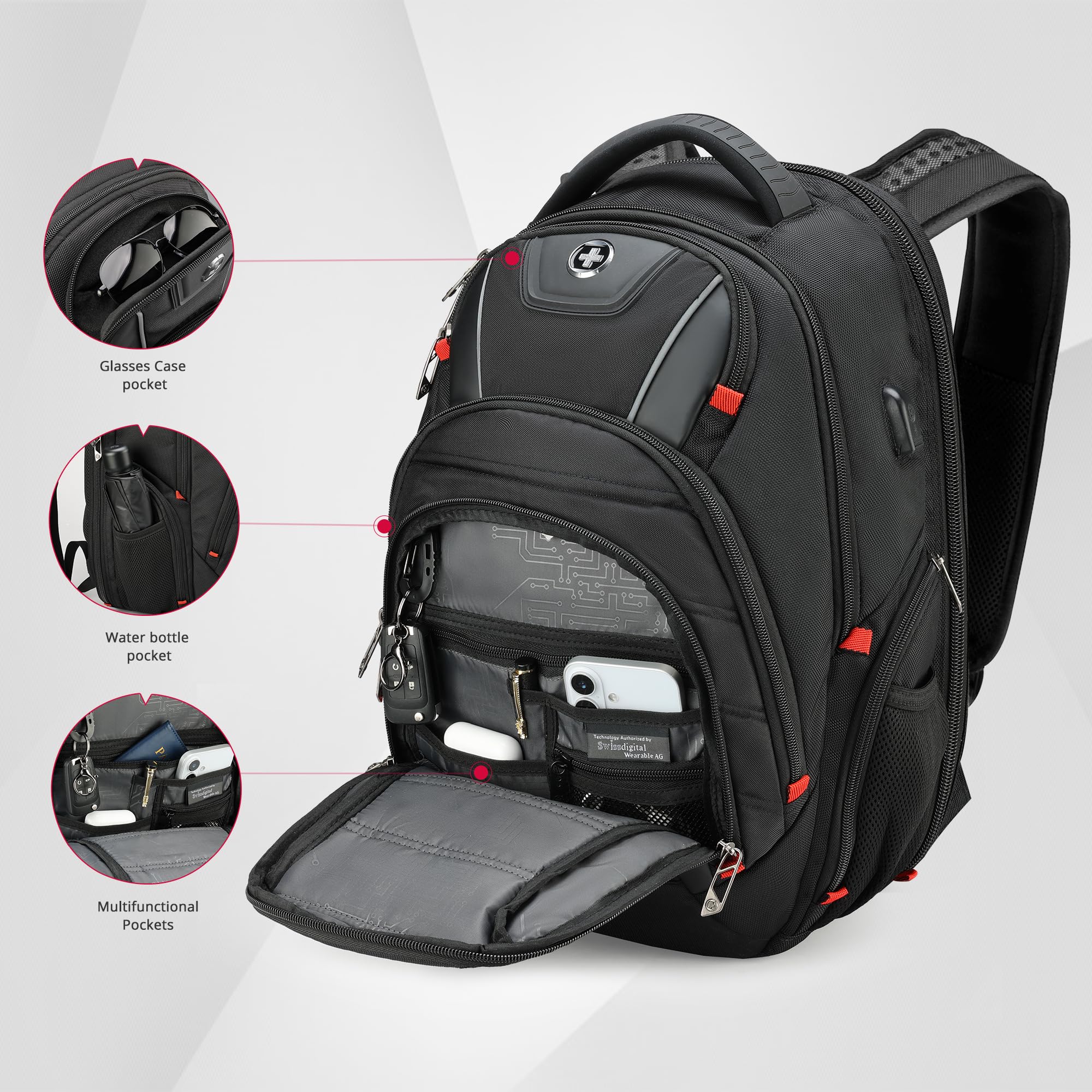 Swissdigital Design Travel Backpack for Women or Men, TSA Friendly USB Charging RFID Protection Business Carry on Bag Fits 15.6" Laptop Backpack Black | J14-BR