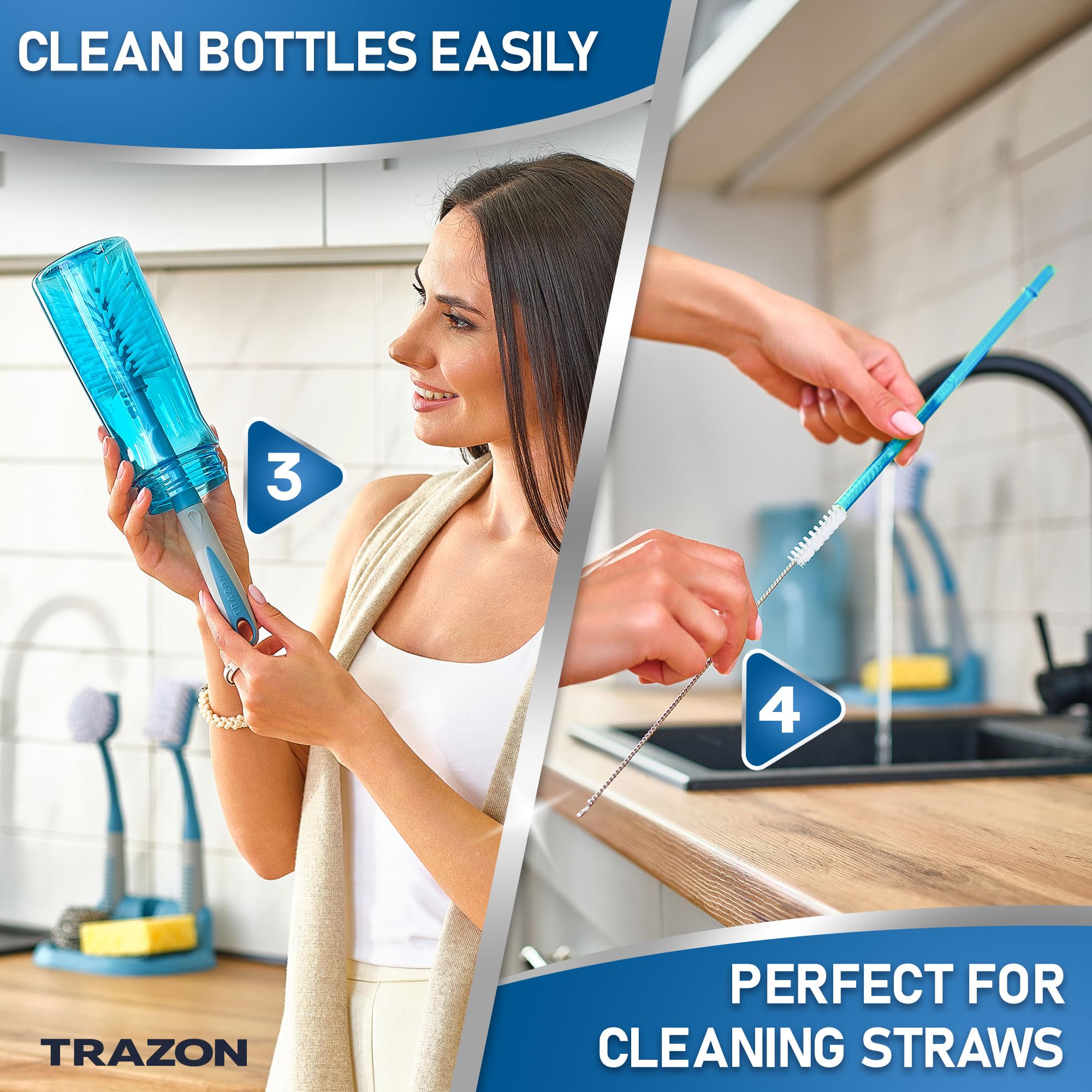 Dish Brush Set of 5 with Holder - Kitchen Scrub Brushes with Non-Slip Long Handle for Cleaning, Scrubber, Dishwashing, Dishes, Bottles, Straws, Cups, Pots & Sink, Baige