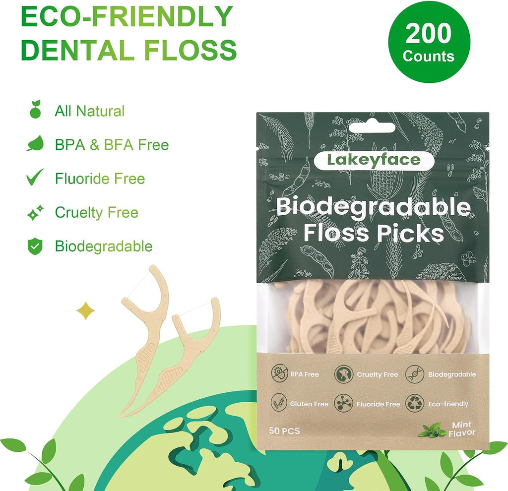 200 Count Biodegradable Dental Floss Picks, Eco Friendly Plant-Based Tooth Flossers for adults, Tear-Resistant Floss Sticks with Wide Handles, Vegan & BPA Free Dental Floss for Natural Oral Care, Mint