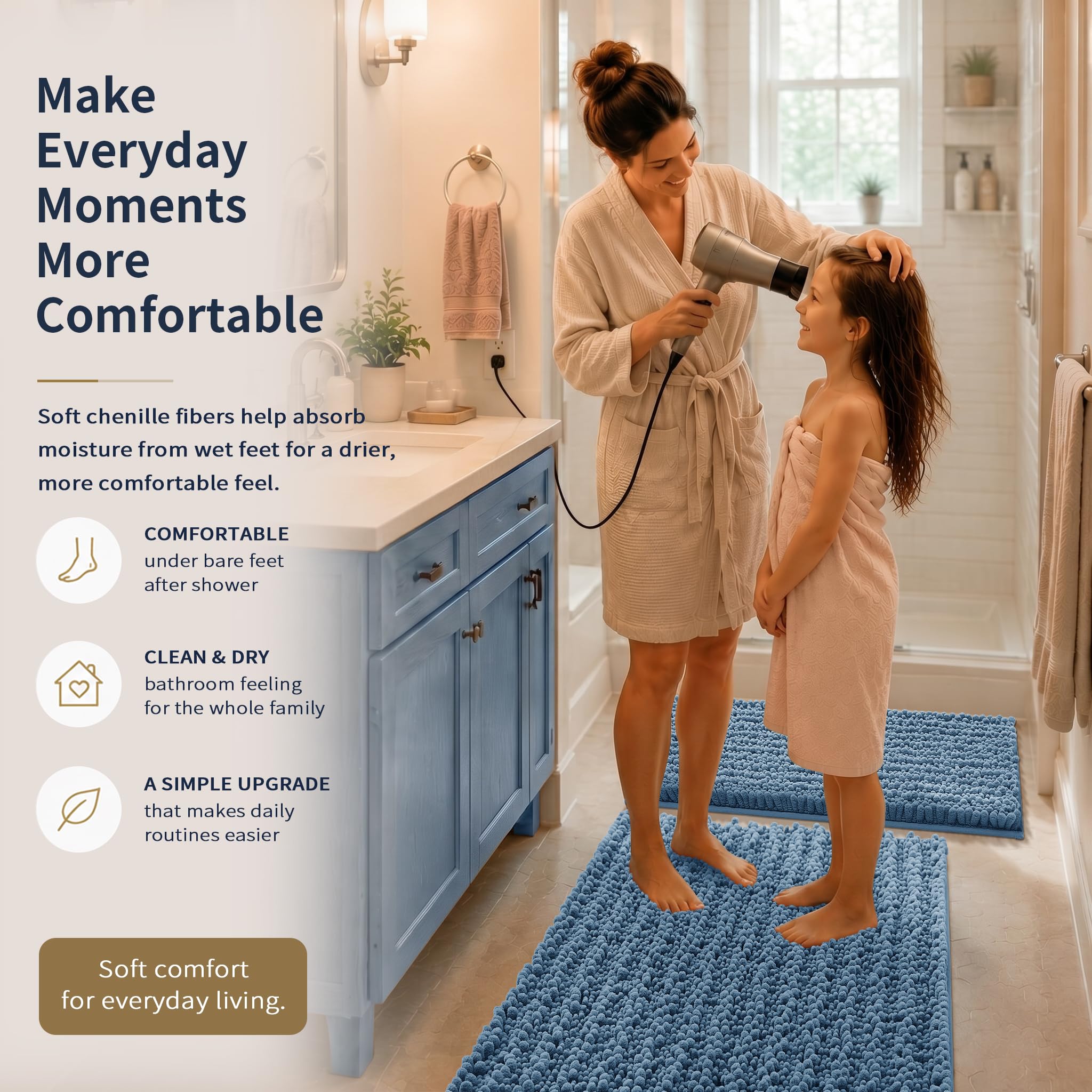 Yimobra Black Bathroom Rug Set 3 Piece - Super Absorbent Quick Dry Chenille Bath Mats & Toilet Rug, Non Slip Machine Washable, Extra Thick Shaggy Floor Mat for Shower Tub Sink