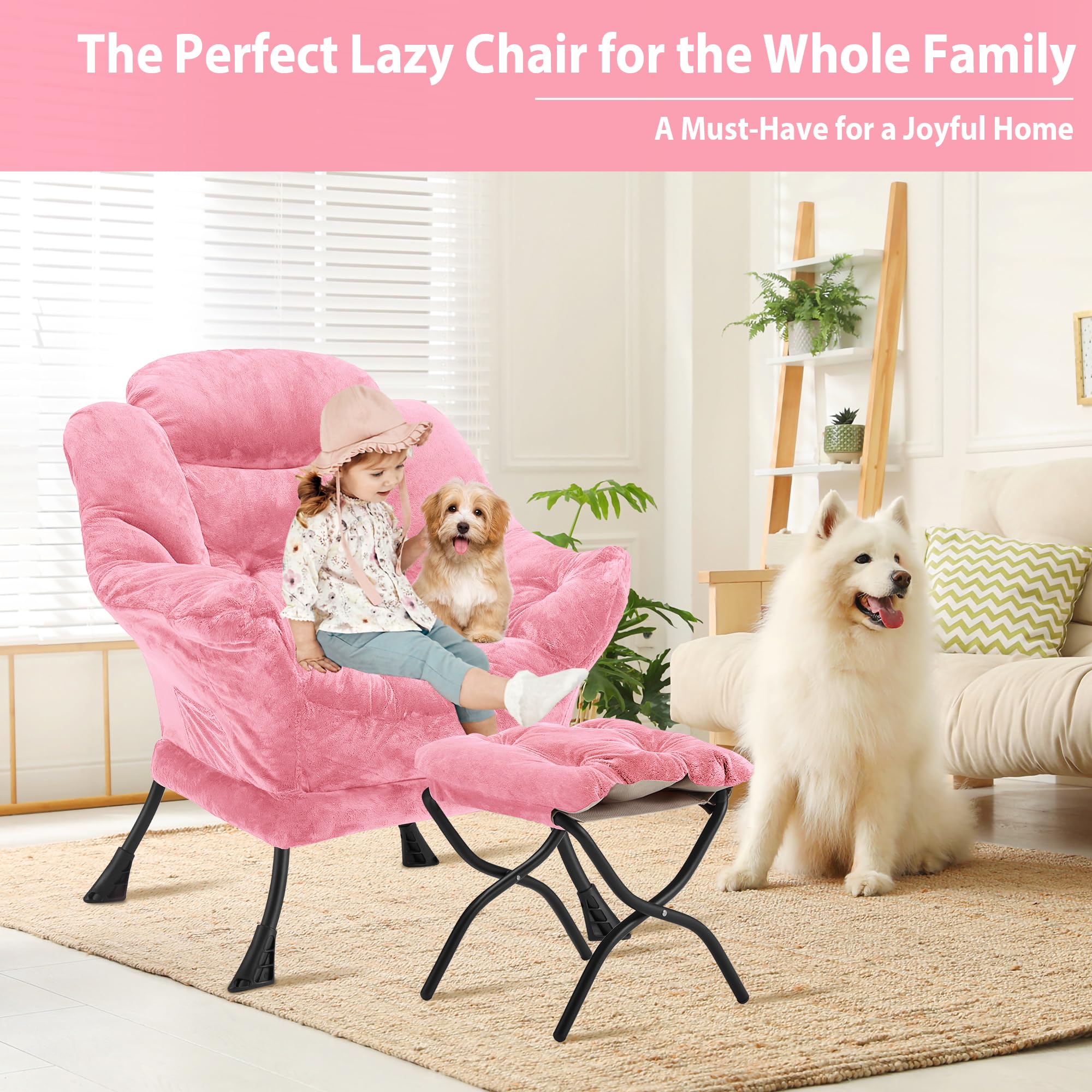 Youtanic Lazy Chair with Folding Ottoman, Accent Chair Velvet Upholstered with Metal Structure and Non-Slip Pads, Sofa Armchair with Footrest and Side Storage Bag for Dorm, Room, Office, Beige