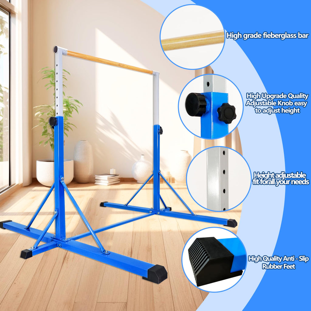 FC FUNCHEER Gymnastics Bar for Kids Ages 3-15, 35" to 60" Adjustable Height, 4FT Wide Base - Professional Kip Bar with 360° Stability & Fiberglass Crossbar, Easy Fold&Solid Design for Home Training