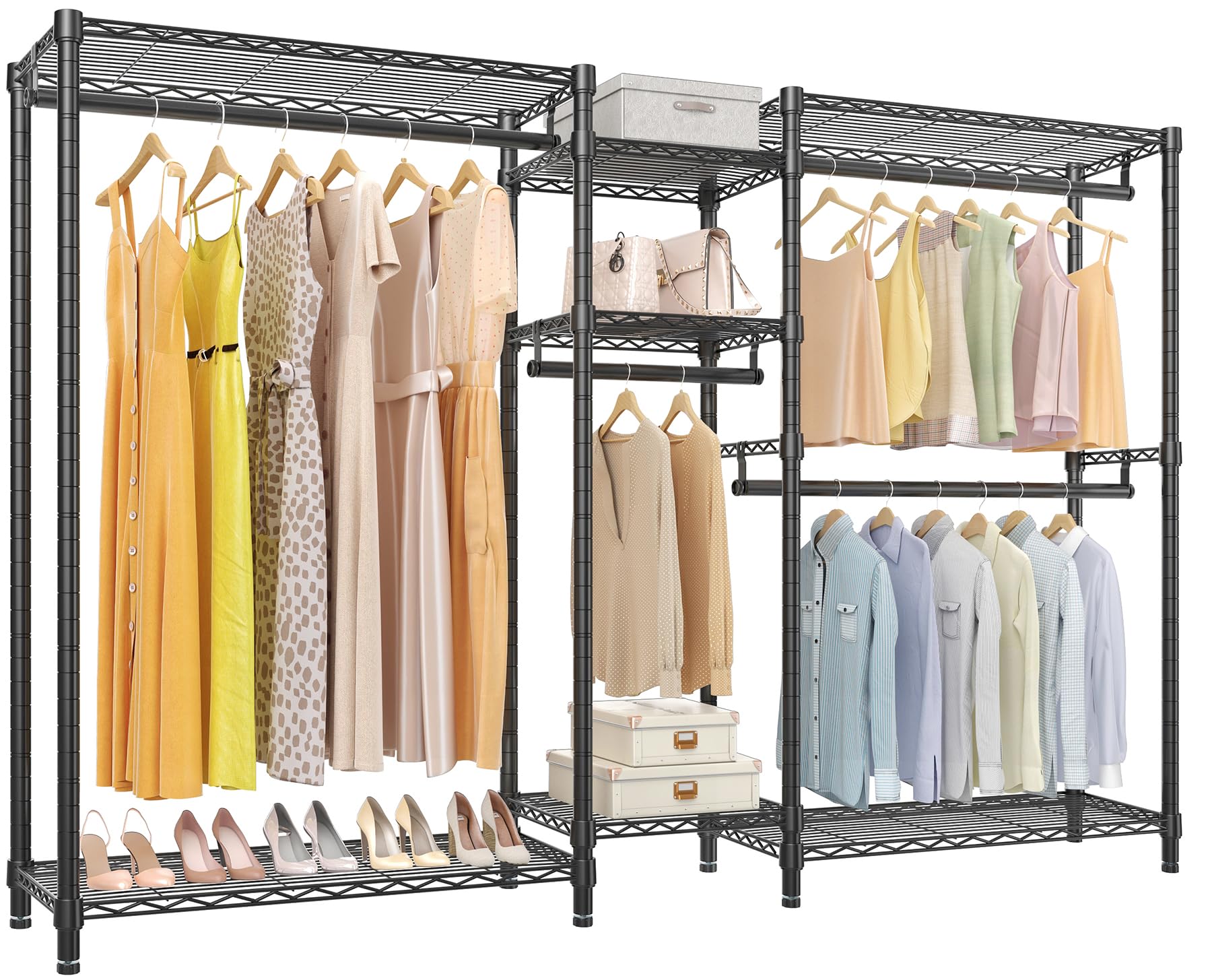 VIPEK Classic V6 Heavy Duty Clothes Rack, 7-Tier Garment Rack with Adjustable Shelves, Portable Closet Organizer with 4 Hanging Rods, Space-Saving, 850lbs Capacity, 68.9" L x 15.7" W x 76.4" H, Black