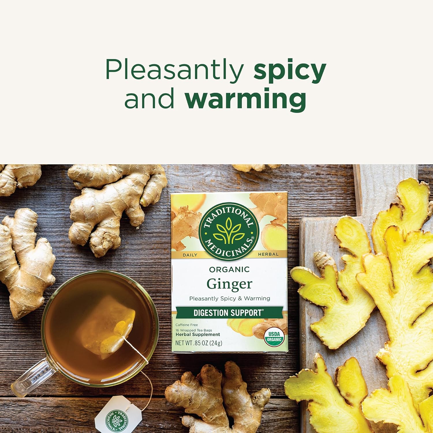 Traditional Medicinals Tea, Organic Ginger, Healthy Digestion, Pleasantly Spicy & Warming, Kosher, Non-GMO, Caffeine-Free, Compostable - 96 Tea Bags (6 Pack)