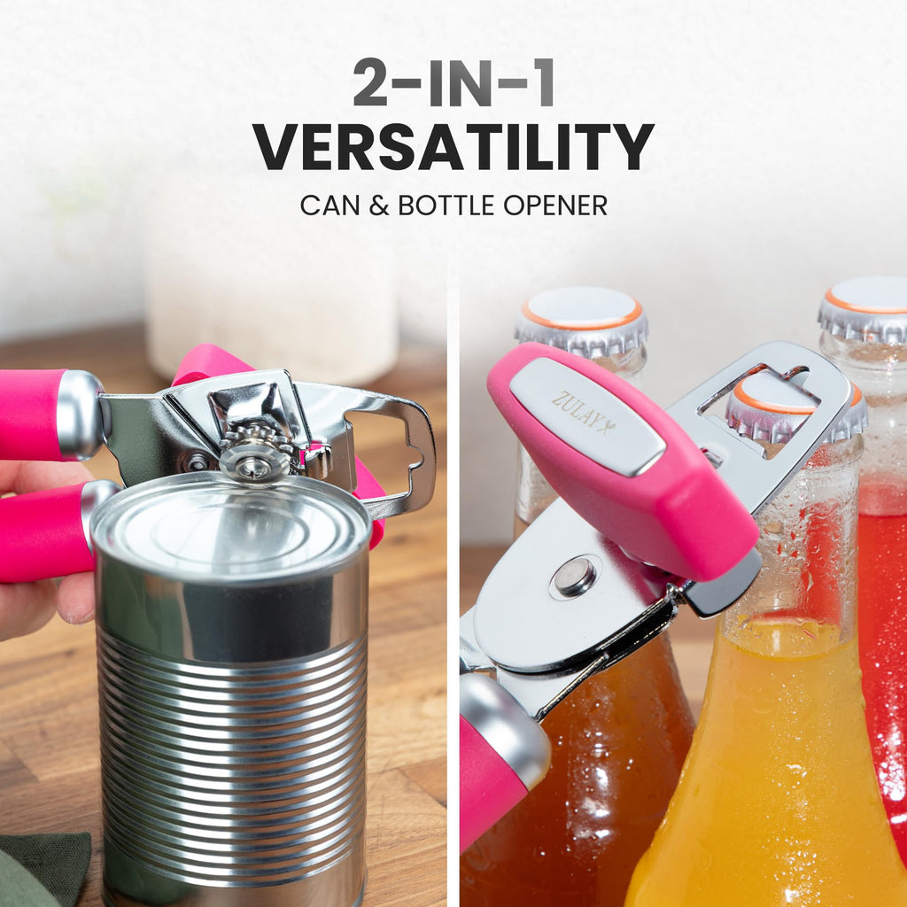 Zulay Kitchen Heavy Duty Stainless Steel Can Opener Manual with Bottle Opener - Rust Proof Manual Can Opener With Turn Knob & Comfy Soft Grip Handles - Airy Lilac